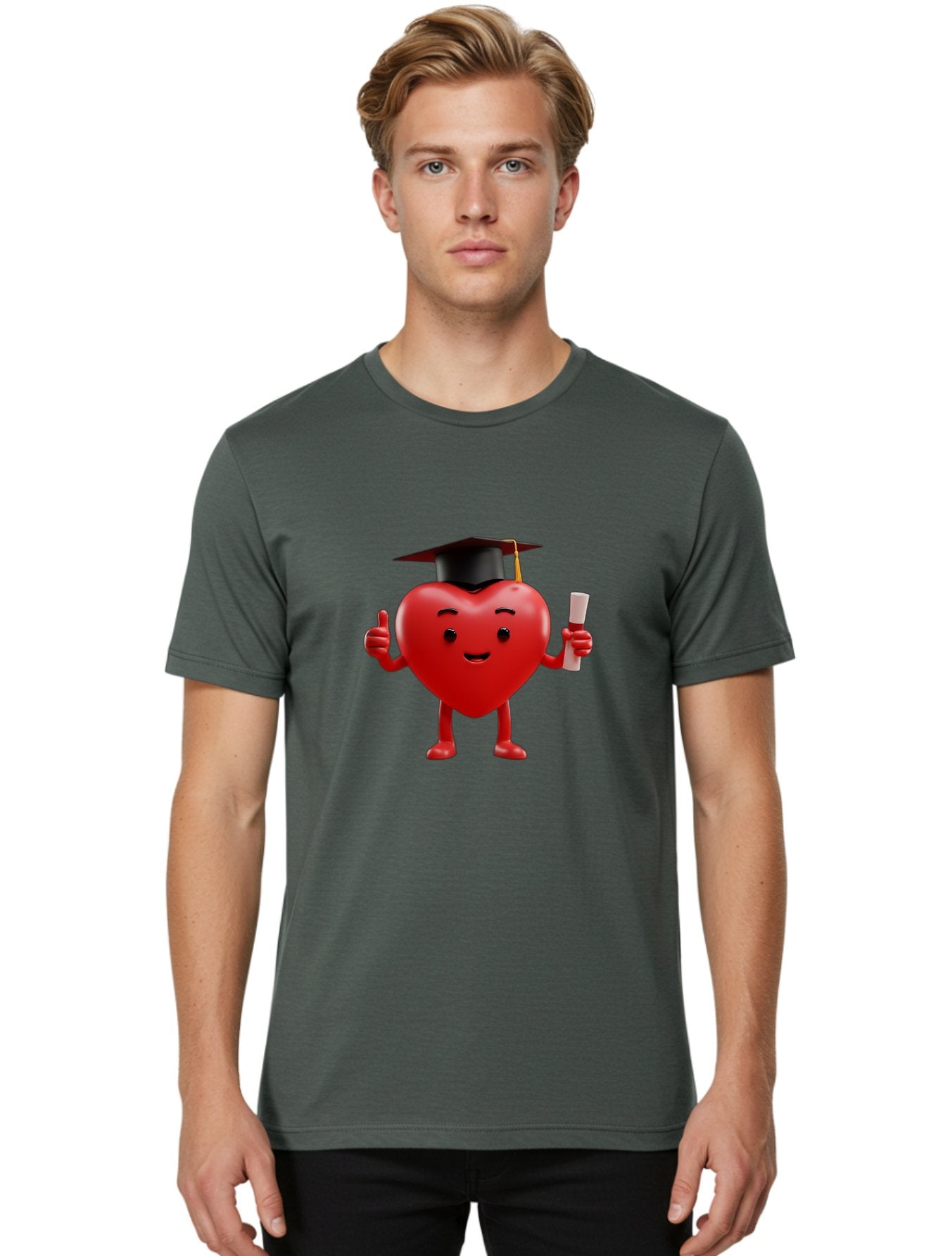 Graduated-Heart Men'S Graphic Tee, 100% Cotton, Comfortable Casual Summer Wear, Machine Washable, Heart Character, Graduation Cap, Diploma, Thumbs Up, Success, Achievement, Happiness, Cartoon Style, Red Heart, Graduation Day, Proud Moment, Bae192 24