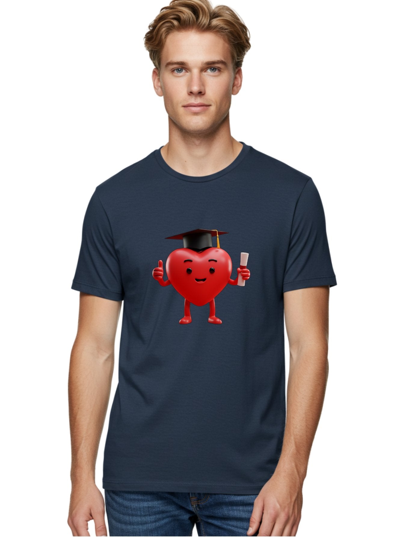 Graduated-Heart Men'S Graphic Tee, 100% Cotton, Comfortable Casual Summer Wear, Machine Washable, Heart Character, Graduation Cap, Diploma, Thumbs Up, Success, Achievement, Happiness, Cartoon Style, Red Heart, Graduation Day, Proud Moment, Bae192 23