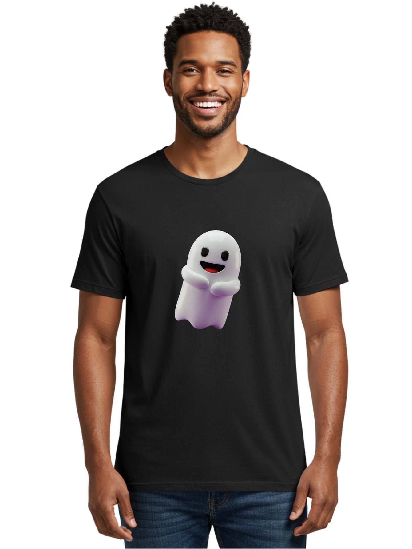 Happy-Ghost Men'S Graphic Tee, 100% Cotton, Comfortable Casual Summer Wear, Machine Washable, Cartoon Ghost, Friendly Spirit, Smiling Face, Cute Character, 3D Illustration, White Ghost, Halloween Theme, Digital Art, Cheerful Design Bae194 20