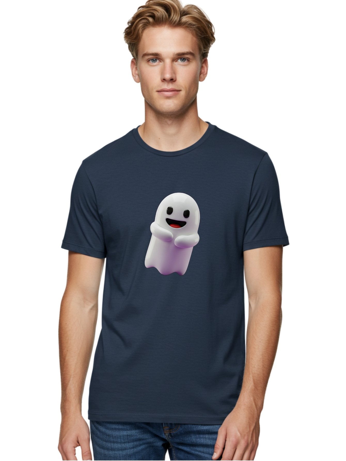 Happy-Ghost Men'S Graphic Tee, 100% Cotton, Comfortable Casual Summer Wear, Machine Washable, Cartoon Ghost, Friendly Spirit, Smiling Face, Cute Character, 3D Illustration, White Ghost, Halloween Theme, Digital Art, Cheerful Design Bae194 19
