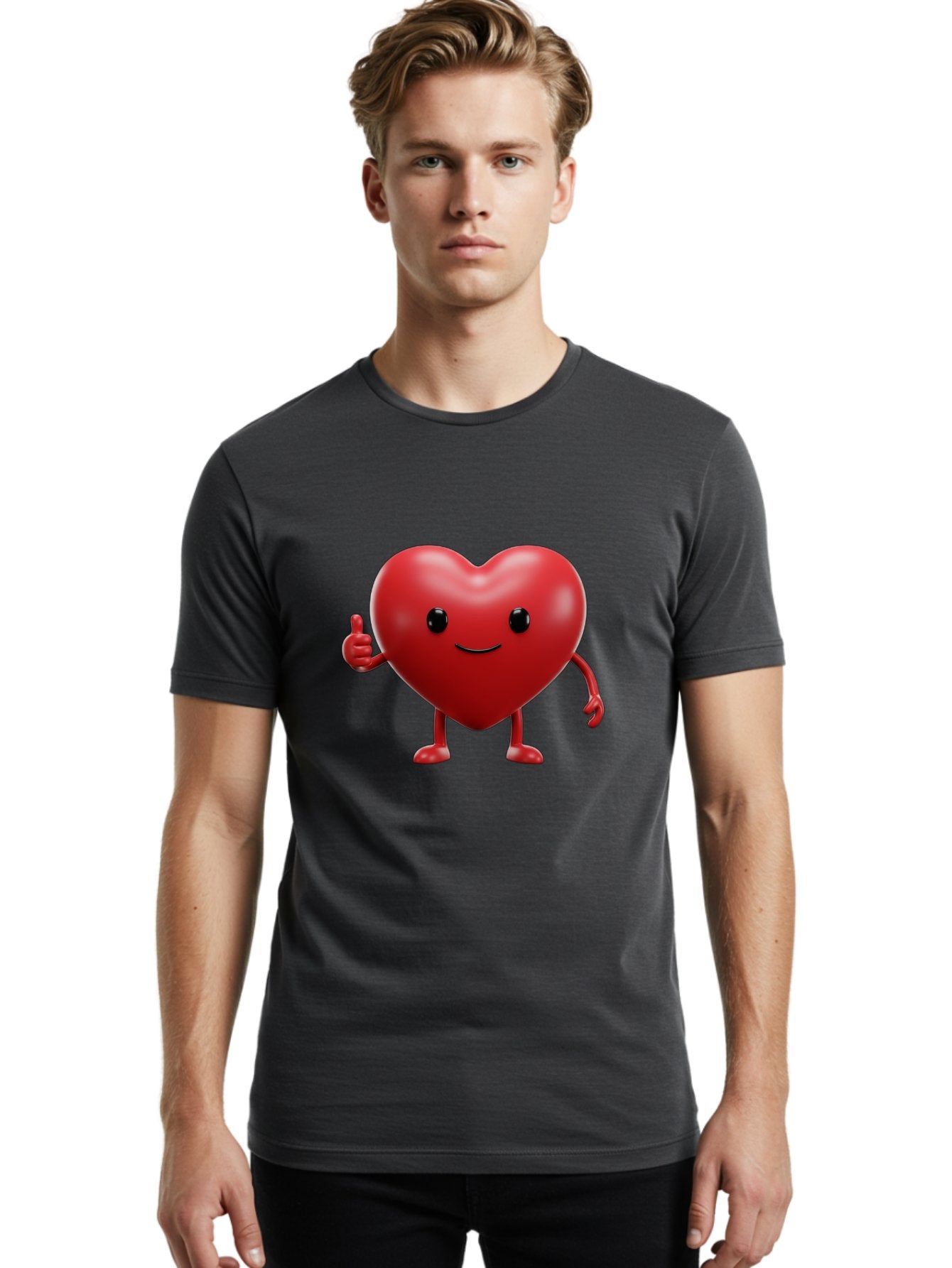 Happy-Heart Men'S Graphic Tee, 100% Cotton, Comfortable Casual Summer Wear, Machine Washable, Red Heart Character, Smiling Face, Thumbs Up, Cartoon Style, Heart Icon, Positive Attitude, Friendly Gesture, Love Symbol, Cute Design Bae195 28