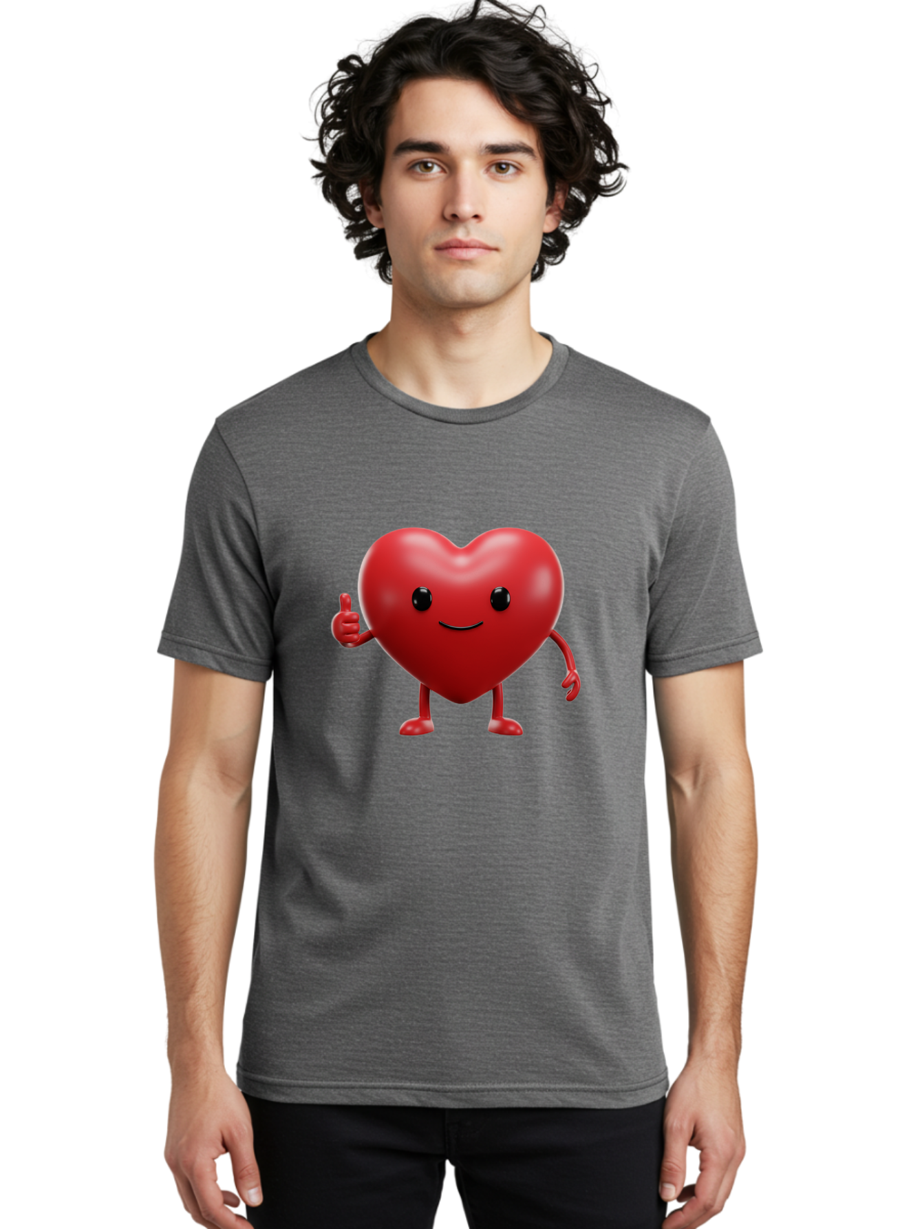Happy-Heart Men'S Graphic Tee, 100% Cotton, Comfortable Casual Summer Wear, Machine Washable, Red Heart Character, Smiling Face, Thumbs Up, Cartoon Style, Heart Icon, Positive Attitude, Friendly Gesture, Love Symbol, Cute Design Bae195 26