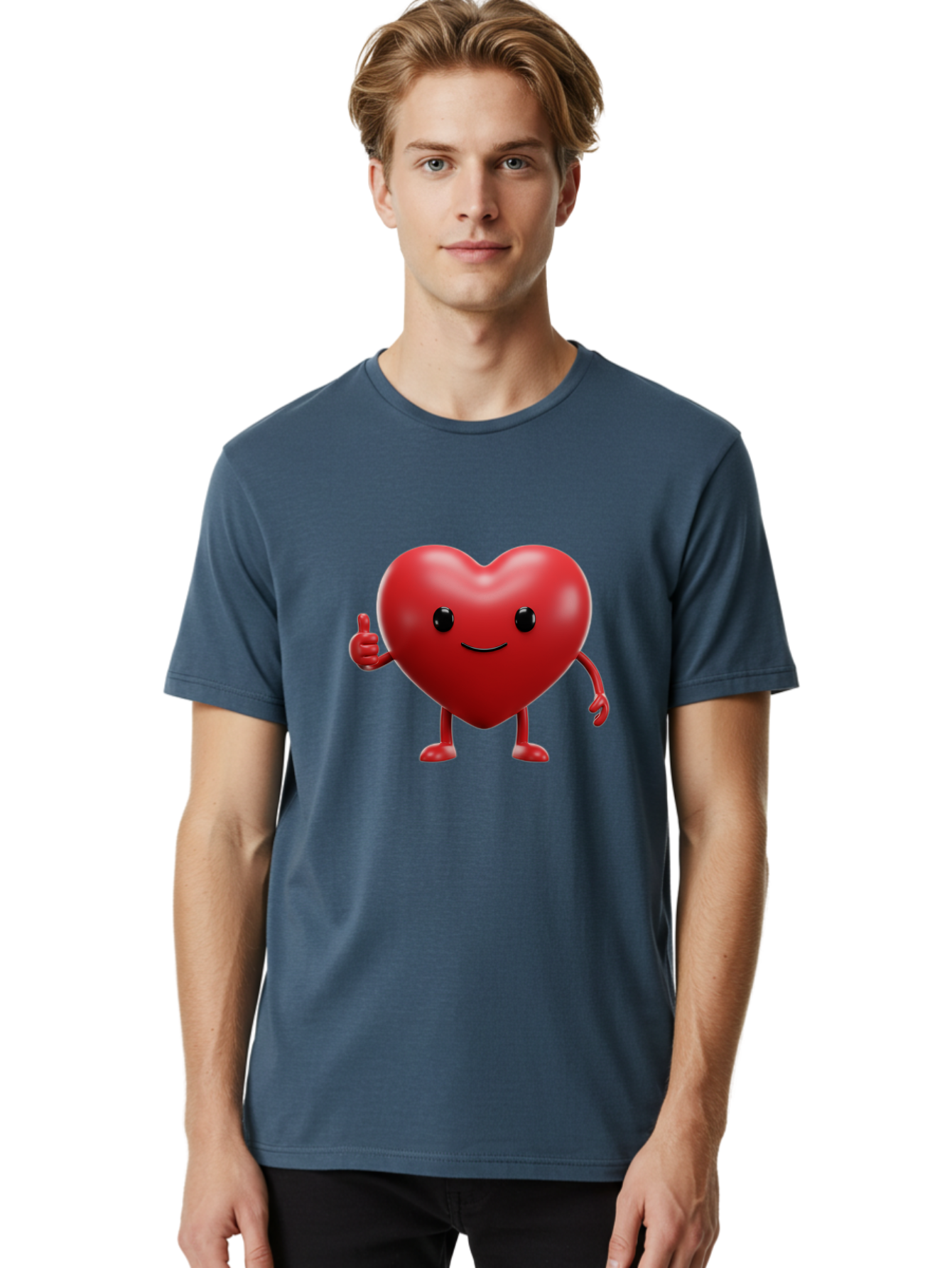 Happy-Heart Men'S Graphic Tee, 100% Cotton, Comfortable Casual Summer Wear, Machine Washable, Red Heart Character, Smiling Face, Thumbs Up, Cartoon Style, Heart Icon, Positive Attitude, Friendly Gesture, Love Symbol, Cute Design Bae195 22