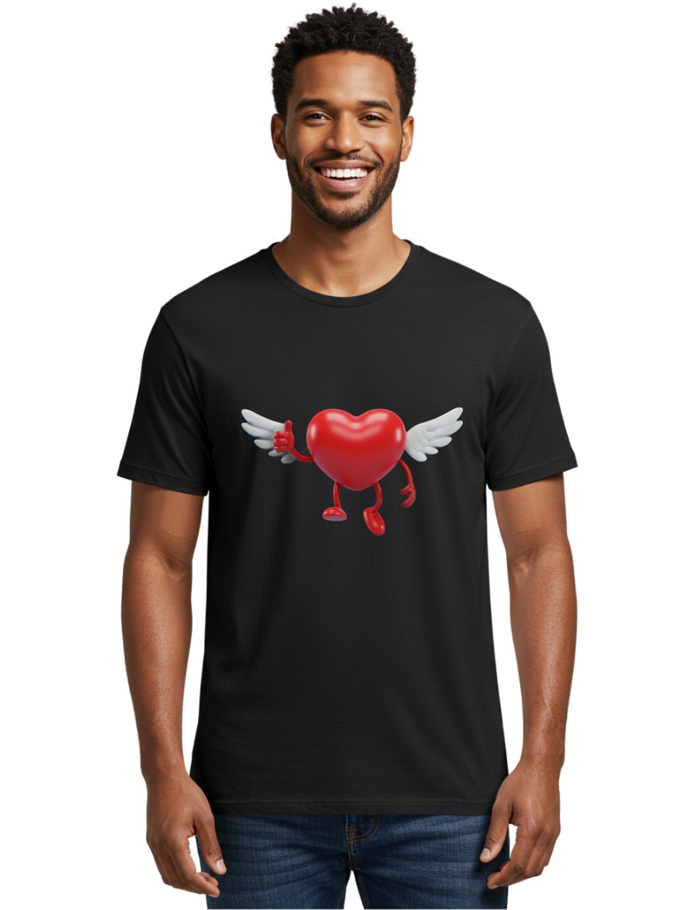 Heart-Character-1 Men'S Graphic Tee, 100% Cotton, Comfortable Casual Summer Wear, Machine Washable, Heart Character, Thumbs Up, Cartoon Heart, Red Heart, White Wings, Funny Character, Cute Design, Heart Symbol Bae196 26