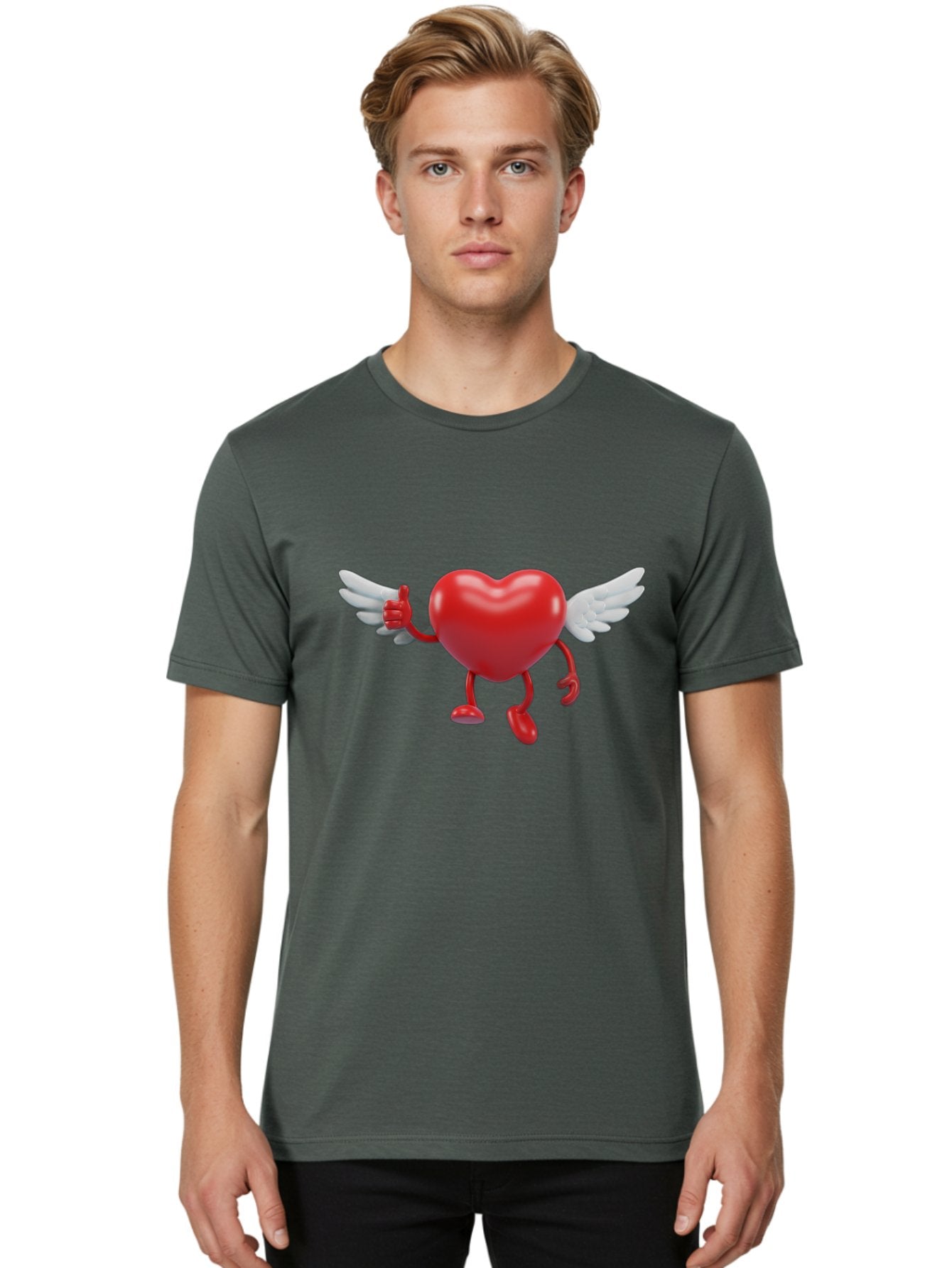 Heart-Character-1 Men'S Graphic Tee, 100% Cotton, Comfortable Casual Summer Wear, Machine Washable, Heart Character, Thumbs Up, Cartoon Heart, Red Heart, White Wings, Funny Character, Cute Design, Heart Symbol Bae196 28