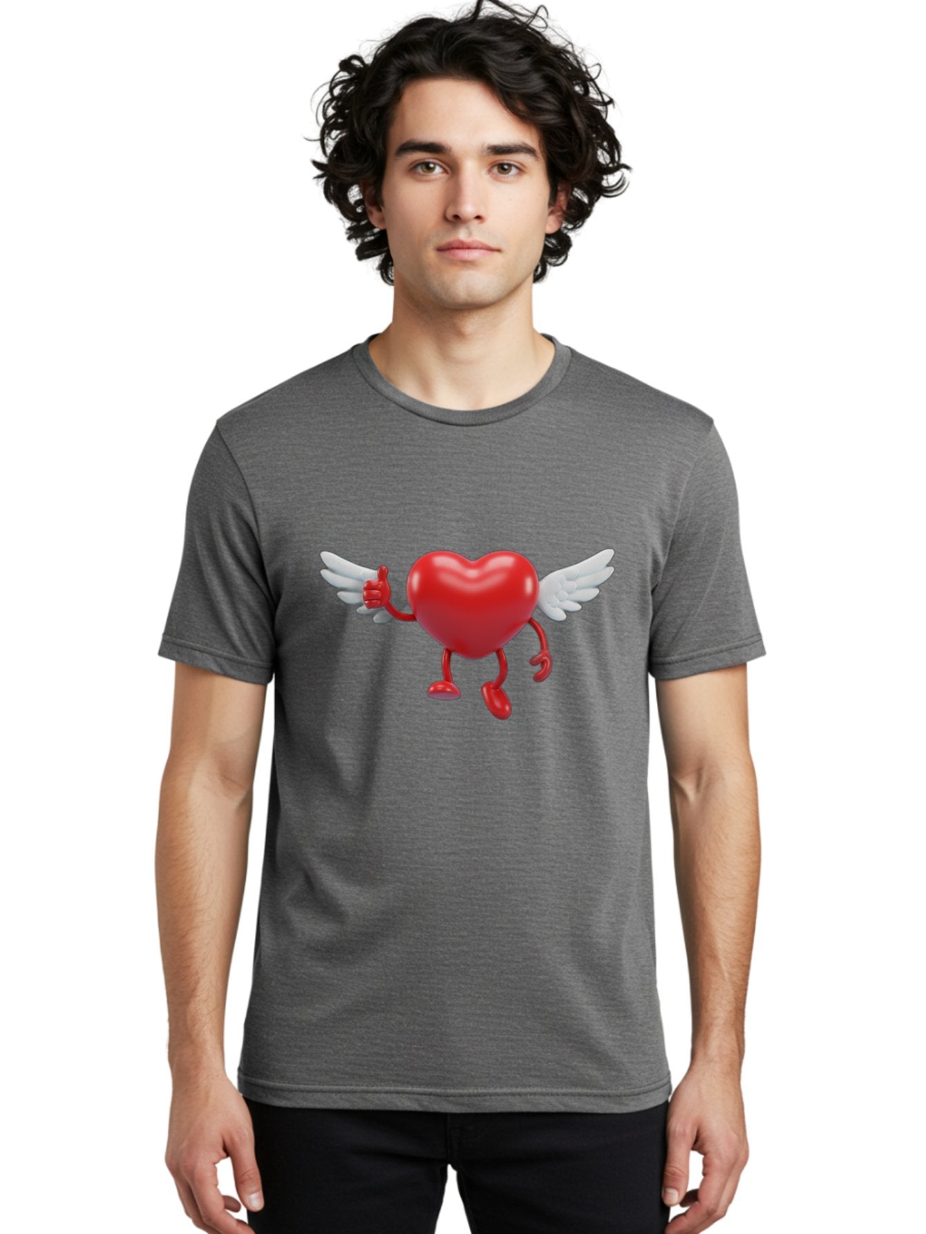 Heart-Character-1 Men'S Graphic Tee, 100% Cotton, Comfortable Casual Summer Wear, Machine Washable, Heart Character, Thumbs Up, Cartoon Heart, Red Heart, White Wings, Funny Character, Cute Design, Heart Symbol Bae196 22