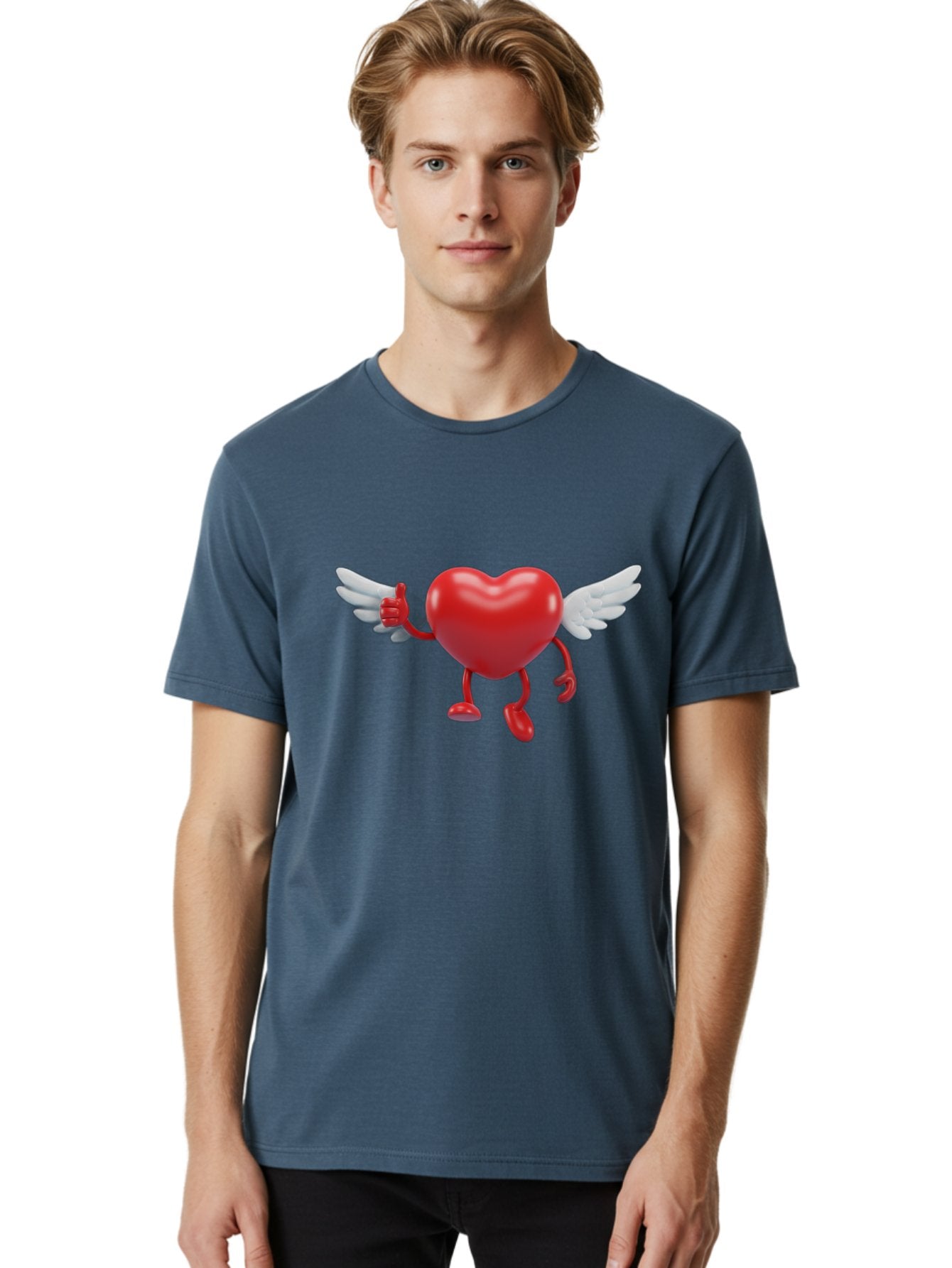 Heart-Character-1 Men'S Graphic Tee, 100% Cotton, Comfortable Casual Summer Wear, Machine Washable, Heart Character, Thumbs Up, Cartoon Heart, Red Heart, White Wings, Funny Character, Cute Design, Heart Symbol Bae196 20