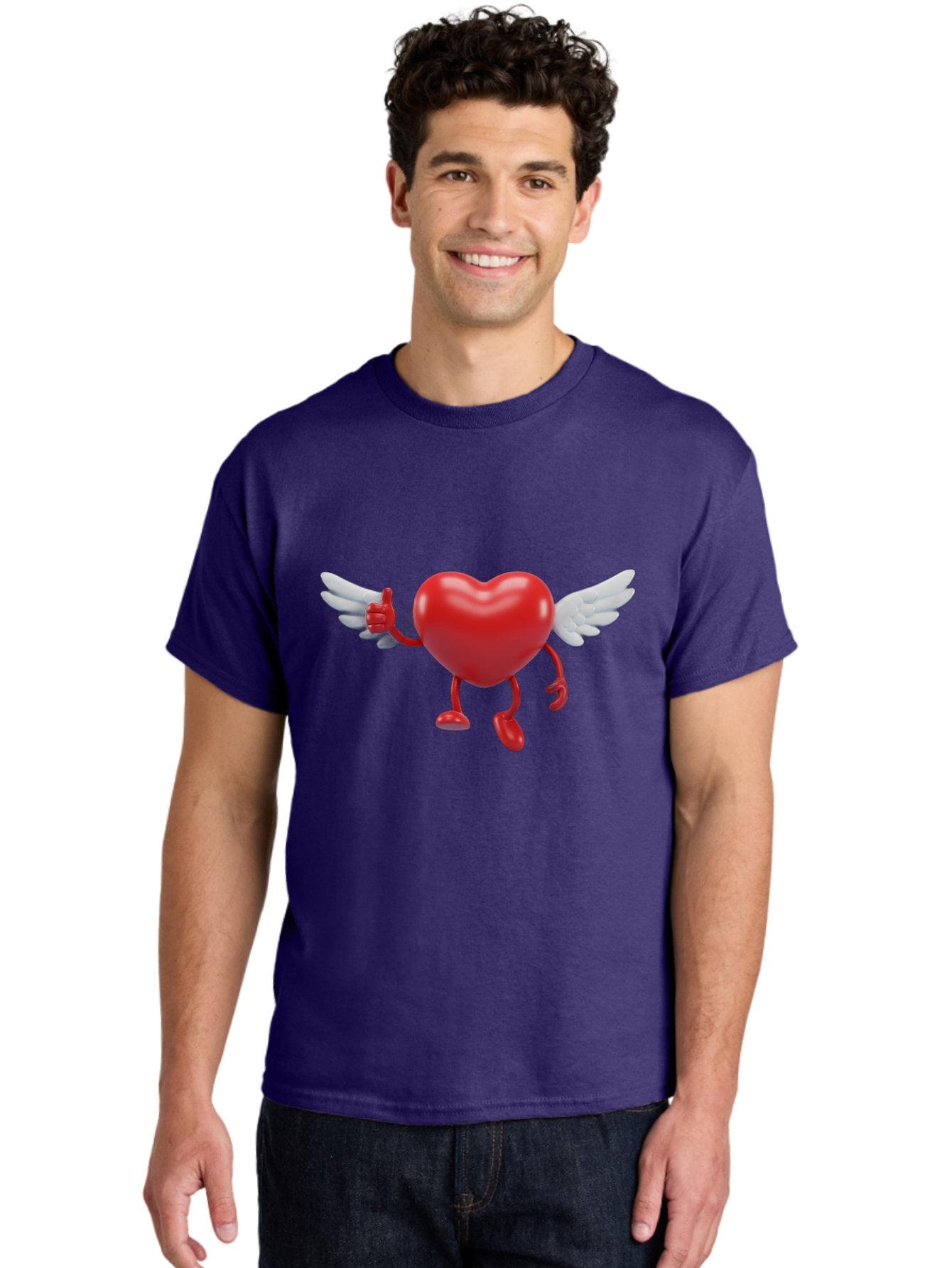 Heart-Character-1 Men'S Graphic Tee, 100% Cotton, Comfortable Casual Summer Wear, Machine Washable, Heart Character, Thumbs Up, Cartoon Heart, Red Heart, White Wings, Funny Character, Cute Design, Heart Symbol Bae196 19