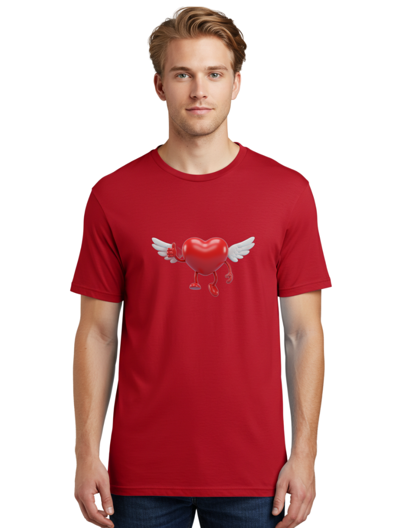 Heart-Character-1 Men'S Graphic Tee, 100% Cotton, Comfortable Casual Summer Wear, Machine Washable, Heart Character, Thumbs Up, Cartoon Heart, Red Heart, White Wings, Funny Character, Cute Design, Heart Symbol Bae196 19