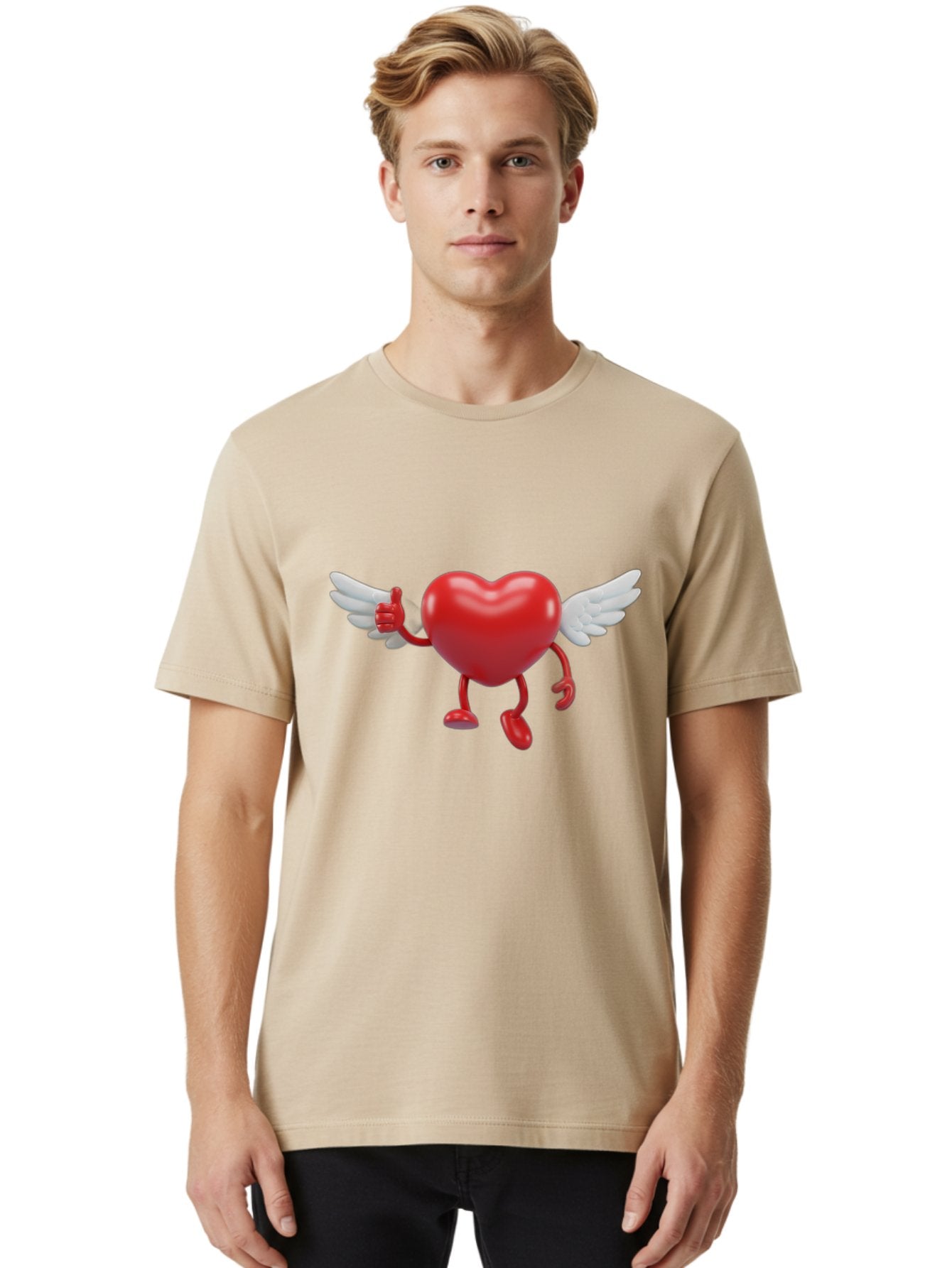 Heart-Character-1 Men'S Graphic Tee, 100% Cotton, Comfortable Casual Summer Wear, Machine Washable, Heart Character, Thumbs Up, Cartoon Heart, Red Heart, White Wings, Funny Character, Cute Design, Heart Symbol Bae196 17