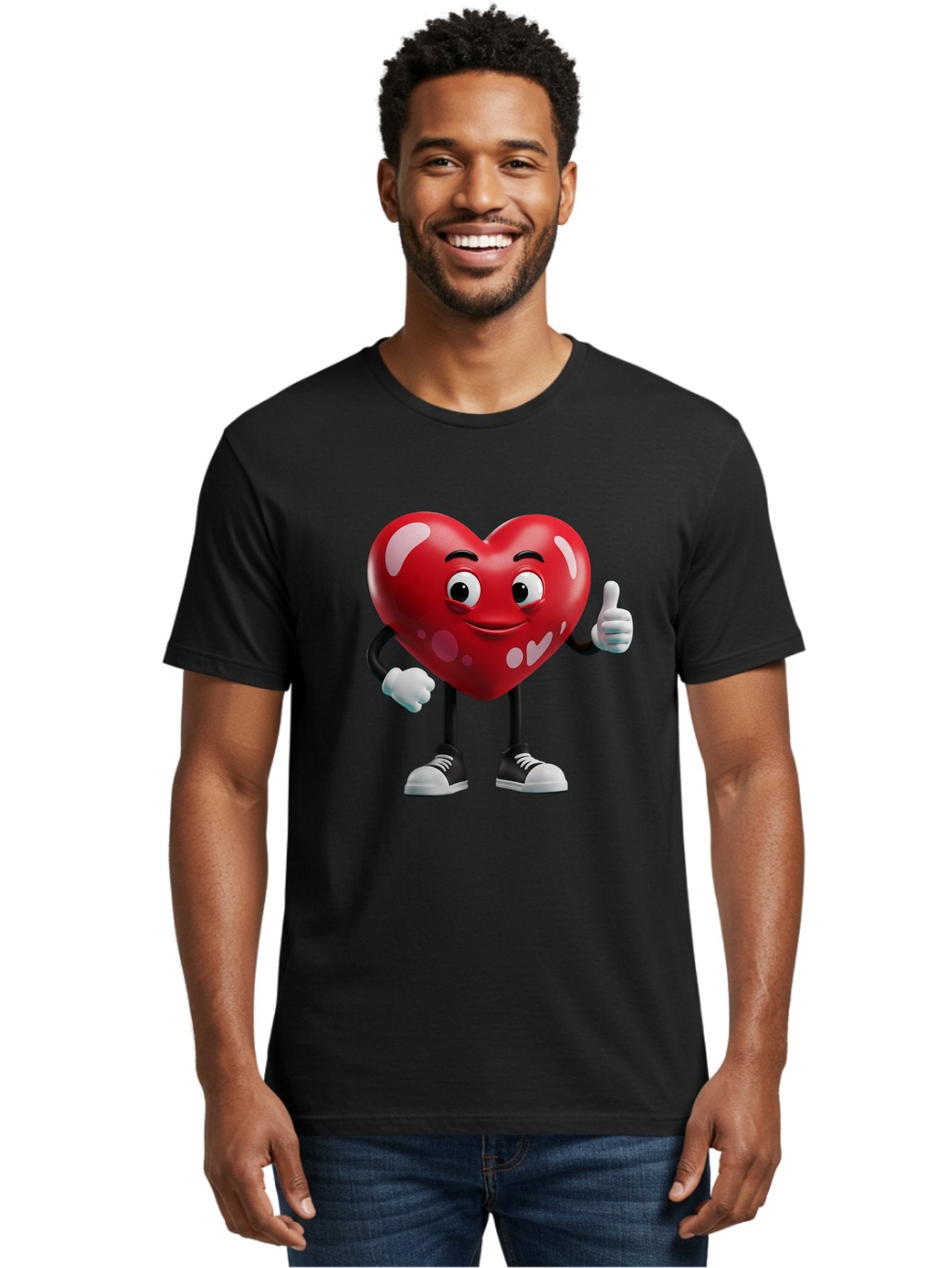 Heart-Character Men'S Graphic Tee, 100% Cotton, Comfortable Casual Summer Wear, Machine Washable, Cartoon Heart, Red Heart, Smiling Face, Thumbs Up, Approval, Positivity, Love, Happiness, Friendship, Gesture Of Approval, Cartoon Character Bae197 19