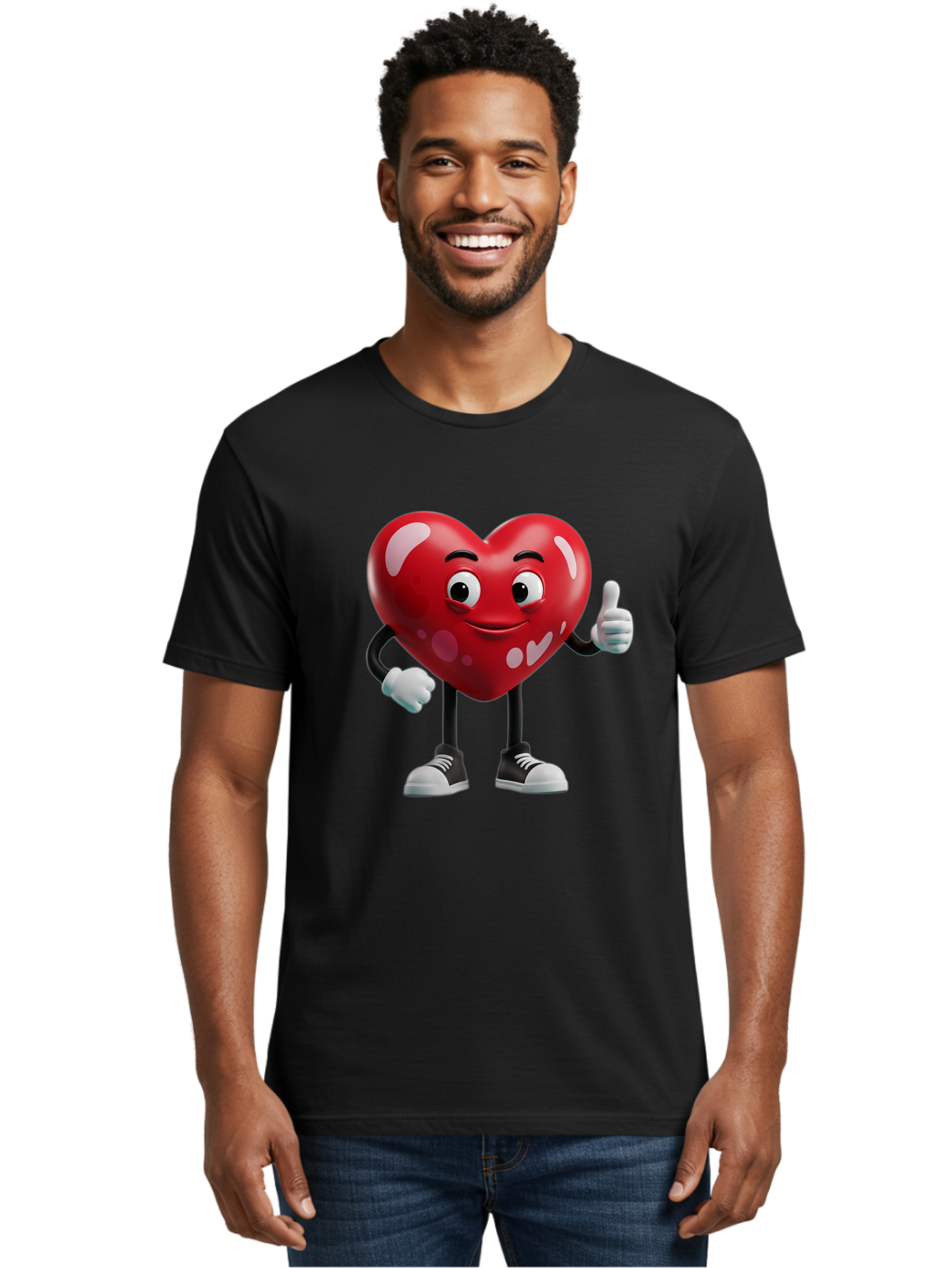 Heart-Character Men'S Graphic Tee, 100% Cotton, Comfortable Casual Summer Wear, Machine Washable, Cartoon Heart, Red Heart, Smiling Face, Thumbs Up, Approval, Positivity, Love, Happiness, Friendship, Gesture Of Approval, Cartoon Character Bae197 26