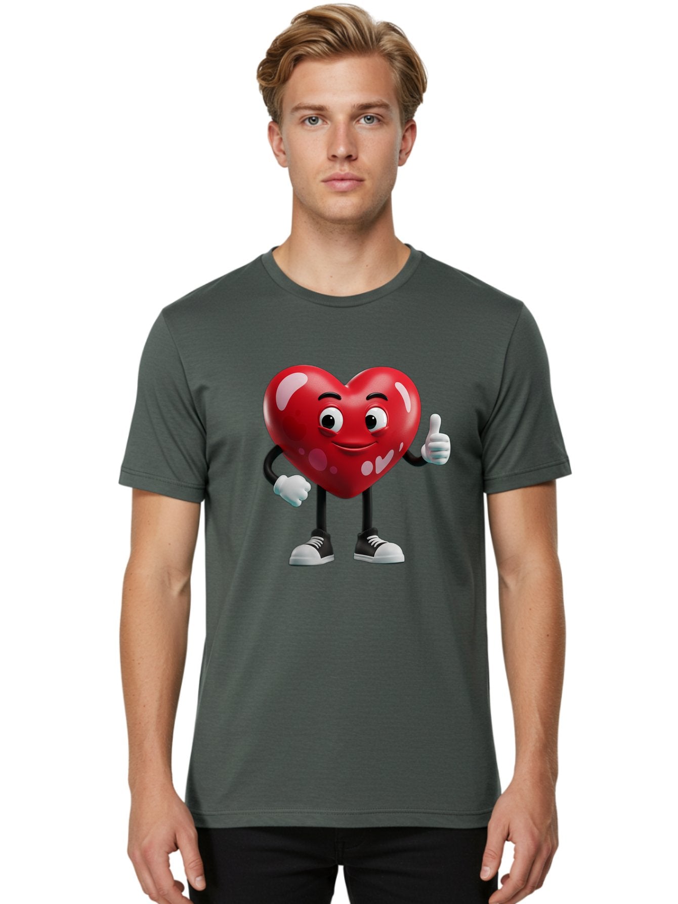 Heart-Character Men'S Graphic Tee, 100% Cotton, Comfortable Casual Summer Wear, Machine Washable, Cartoon Heart, Red Heart, Smiling Face, Thumbs Up, Approval, Positivity, Love, Happiness, Friendship, Gesture Of Approval, Cartoon Character Bae197 22