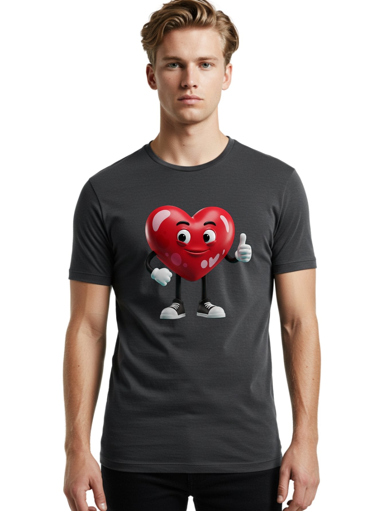Heart-Character Men'S Graphic Tee, 100% Cotton, Comfortable Casual Summer Wear, Machine Washable, Cartoon Heart, Red Heart, Smiling Face, Thumbs Up, Approval, Positivity, Love, Happiness, Friendship, Gesture Of Approval, Cartoon Character Bae197 25