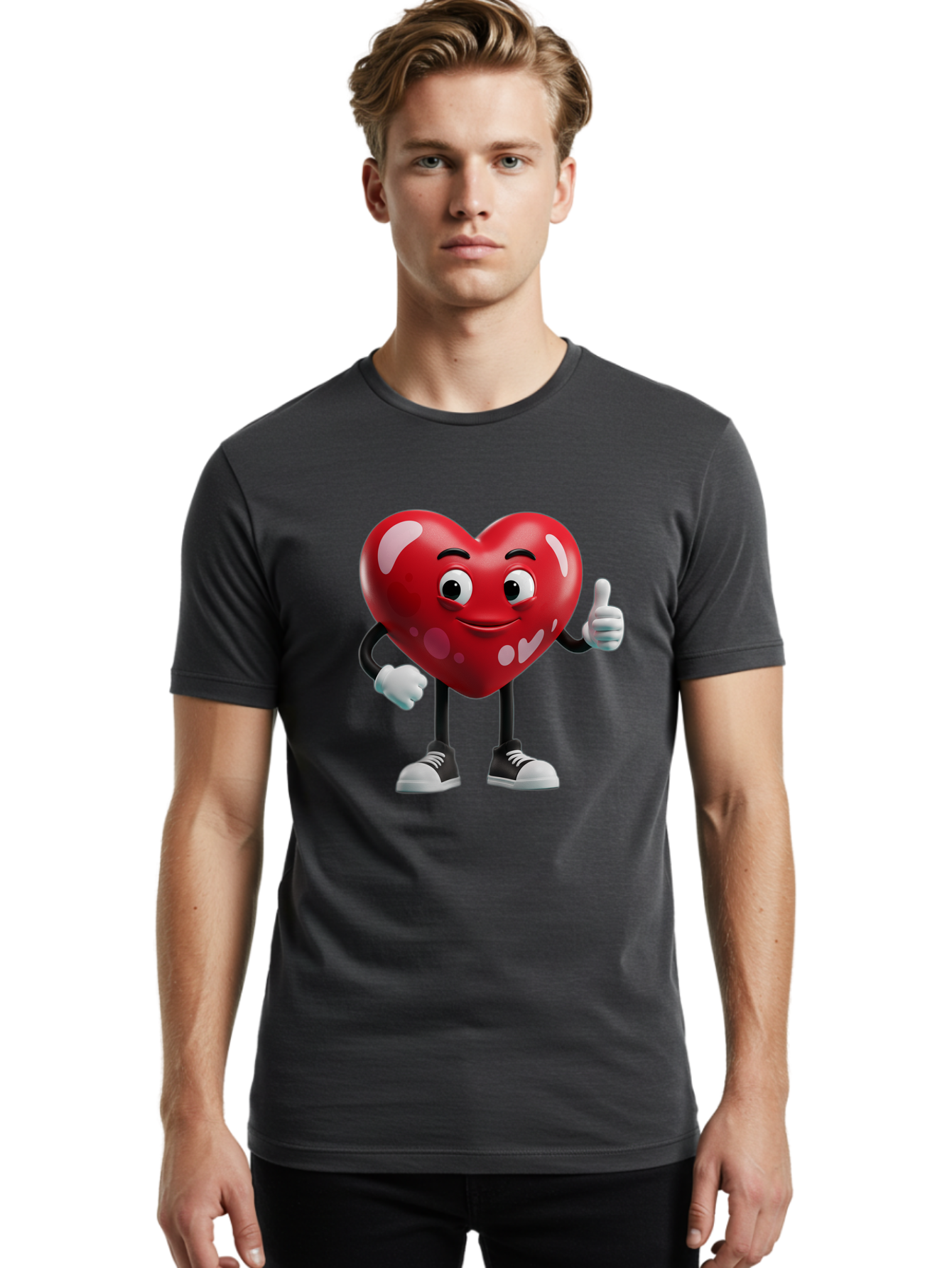 Heart-Character Men'S Graphic Tee, 100% Cotton, Comfortable Casual Summer Wear, Machine Washable, Cartoon Heart, Red Heart, Smiling Face, Thumbs Up, Approval, Positivity, Love, Happiness, Friendship, Gesture Of Approval, Cartoon Character Bae197 21