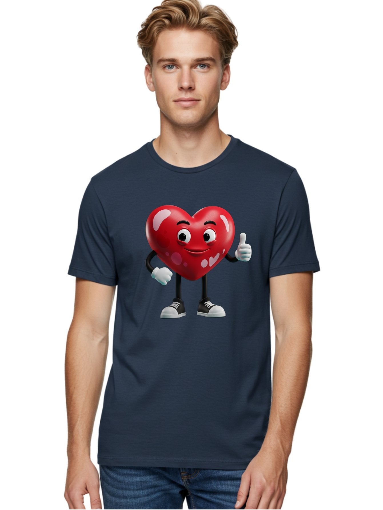 Heart-Character Men'S Graphic Tee, 100% Cotton, Comfortable Casual Summer Wear, Machine Washable, Cartoon Heart, Red Heart, Smiling Face, Thumbs Up, Approval, Positivity, Love, Happiness, Friendship, Gesture Of Approval, Cartoon Character Bae197 24