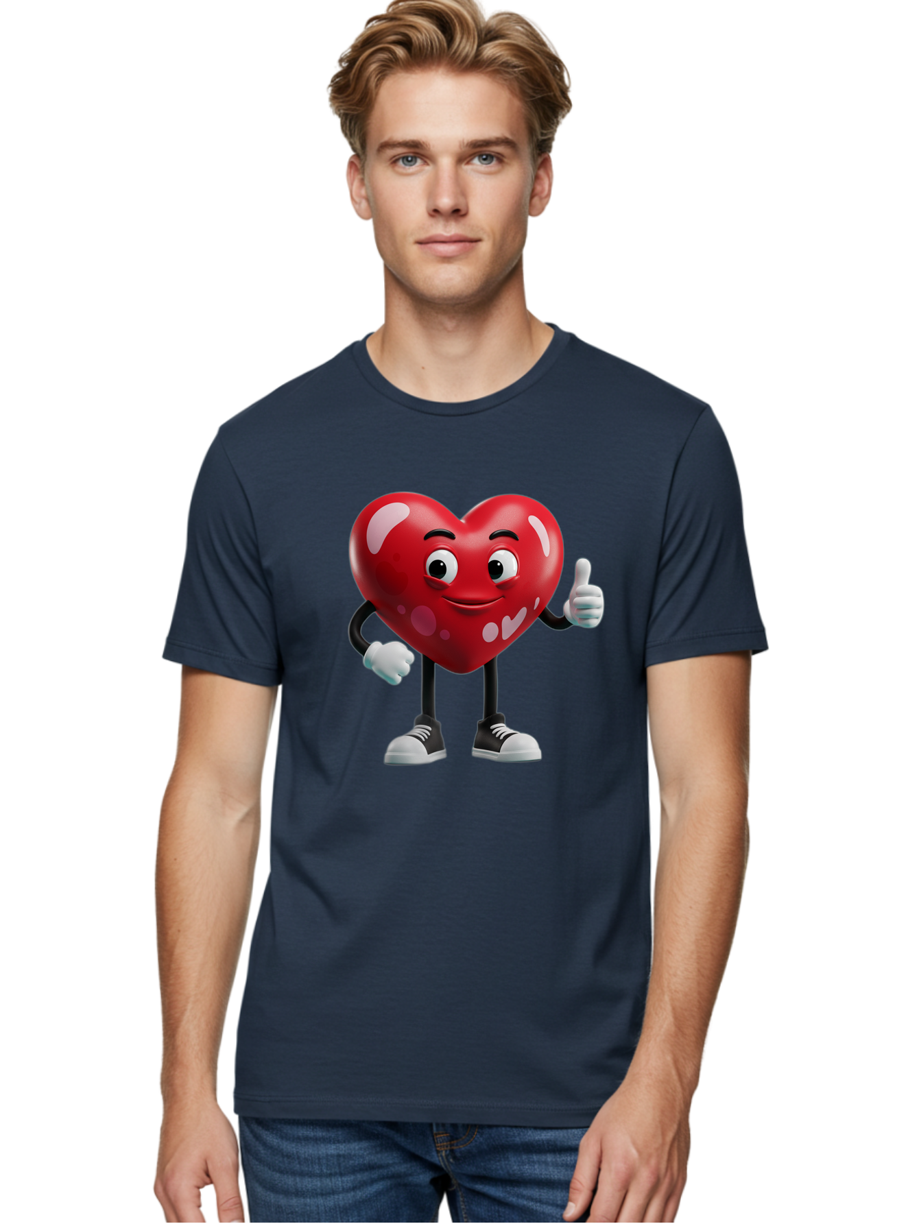 Heart-Character Men'S Graphic Tee, 100% Cotton, Comfortable Casual Summer Wear, Machine Washable, Cartoon Heart, Red Heart, Smiling Face, Thumbs Up, Approval, Positivity, Love, Happiness, Friendship, Gesture Of Approval, Cartoon Character Bae197 22