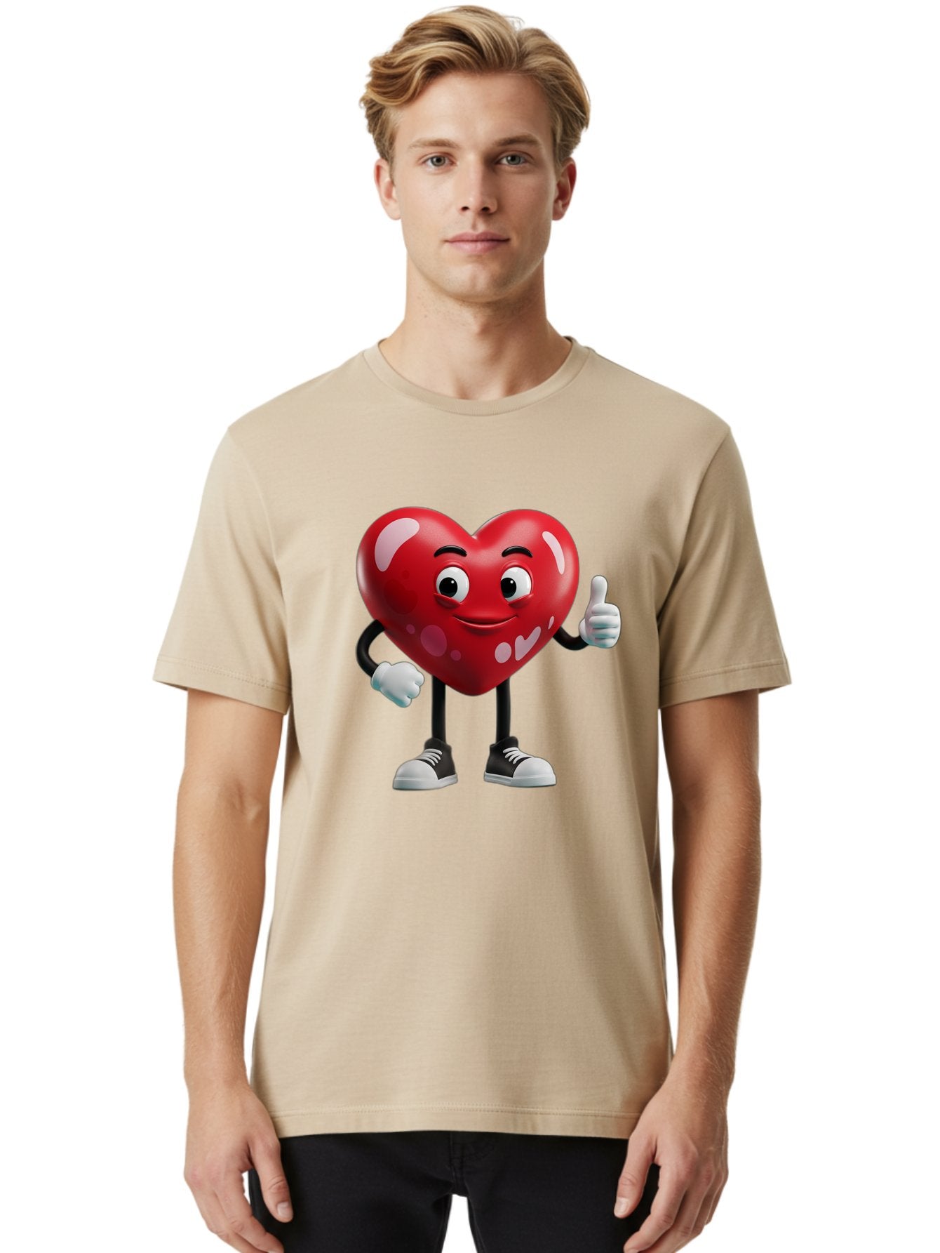 Heart-Character Men'S Graphic Tee, 100% Cotton, Comfortable Casual Summer Wear, Machine Washable, Cartoon Heart, Red Heart, Smiling Face, Thumbs Up, Approval, Positivity, Love, Happiness, Friendship, Gesture Of Approval, Cartoon Character Bae197 21