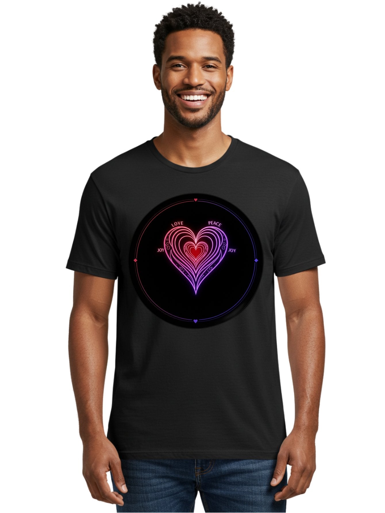 Heart-Of-Love Men'S Graphic Tee, 100% Cotton, Comfortable Casual Summer Wear, Machine Washable, Heart Symbol, Love Peace Joy, Neon Lights, Layered Hearts, Gradient Colors, Circular Design, Emotional Wellness, Positive Vibes, Bae199 16