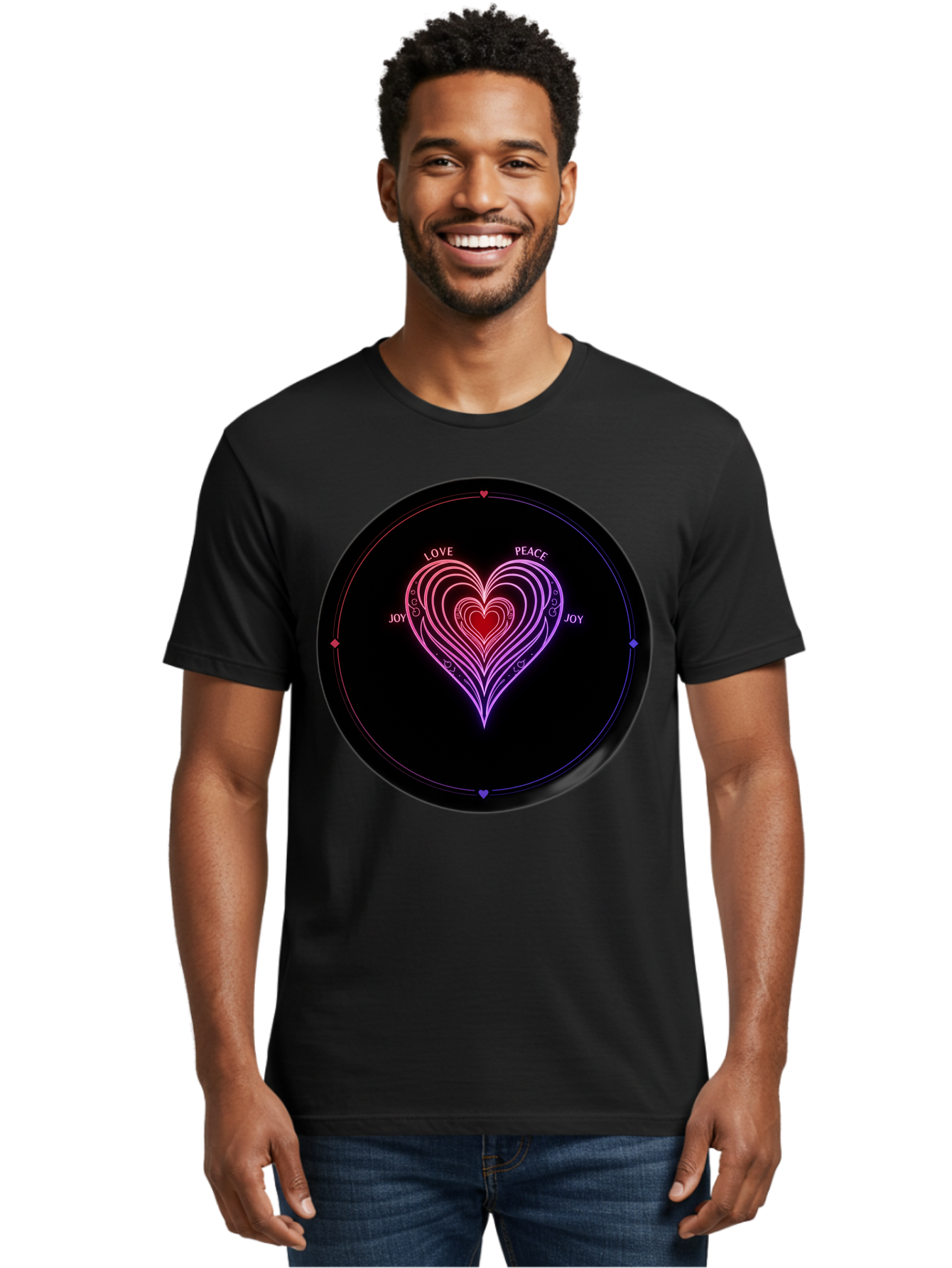 Heart-Of-Love Men'S Graphic Tee, 100% Cotton, Comfortable Casual Summer Wear, Machine Washable, Heart Symbol, Love Peace Joy, Neon Lights, Layered Hearts, Gradient Colors, Circular Design, Emotional Wellness, Positive Vibes, Bae199 28