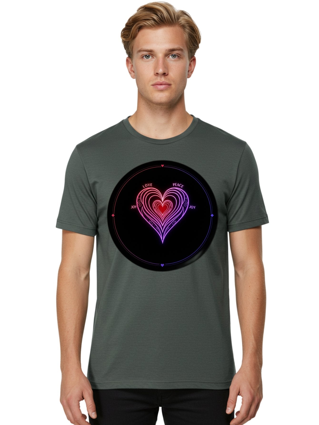 Heart-Of-Love Men'S Graphic Tee, 100% Cotton, Comfortable Casual Summer Wear, Machine Washable, Heart Symbol, Love Peace Joy, Neon Lights, Layered Hearts, Gradient Colors, Circular Design, Emotional Wellness, Positive Vibes, Bae199 20
