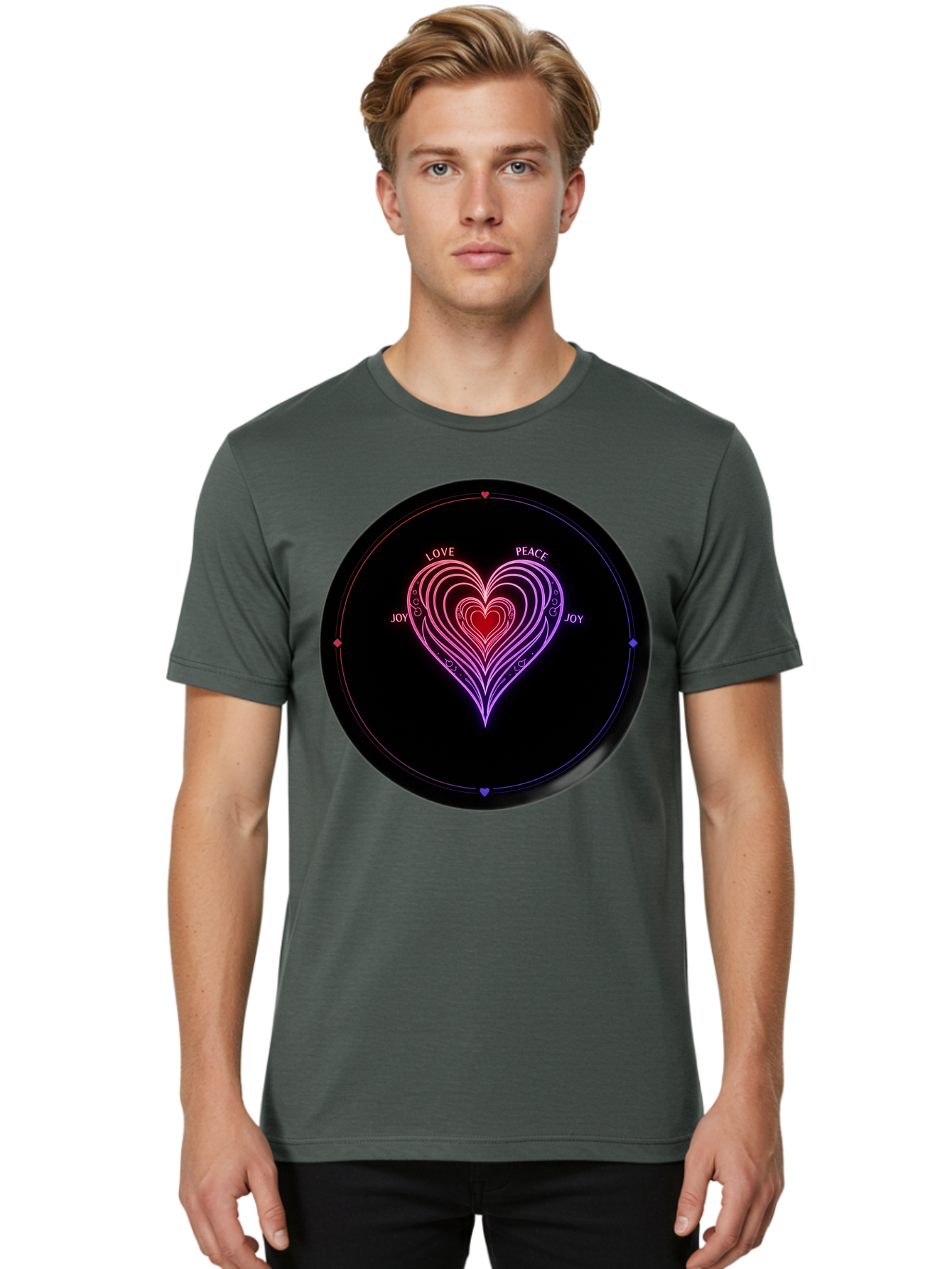 Heart-Of-Love Men'S Graphic Tee, 100% Cotton, Comfortable Casual Summer Wear, Machine Washable, Heart Symbol, Love Peace Joy, Neon Lights, Layered Hearts, Gradient Colors, Circular Design, Emotional Wellness, Positive Vibes, Bae199 30