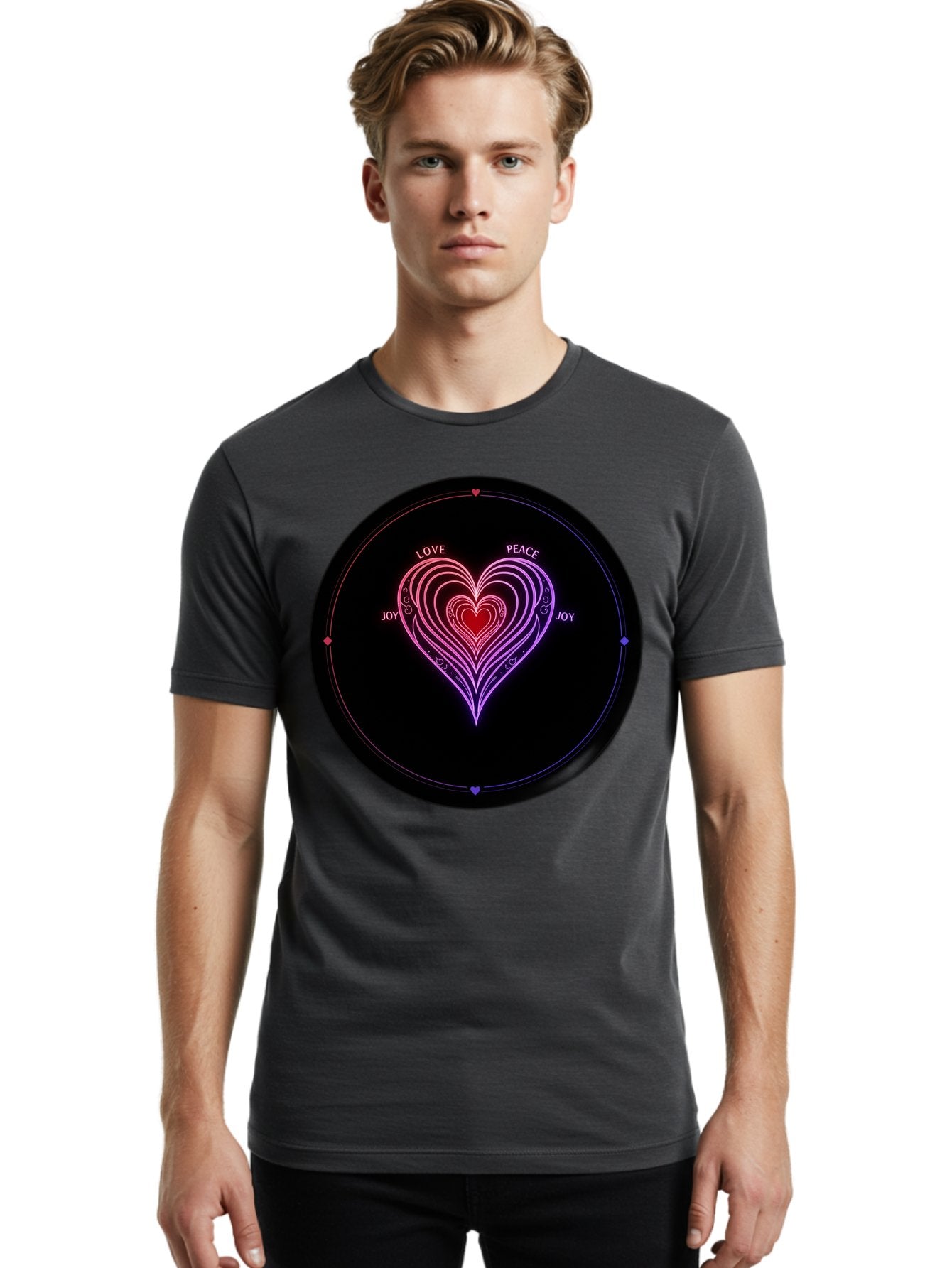 Heart-Of-Love Men'S Graphic Tee, 100% Cotton, Comfortable Casual Summer Wear, Machine Washable, Heart Symbol, Love Peace Joy, Neon Lights, Layered Hearts, Gradient Colors, Circular Design, Emotional Wellness, Positive Vibes, Bae199 18
