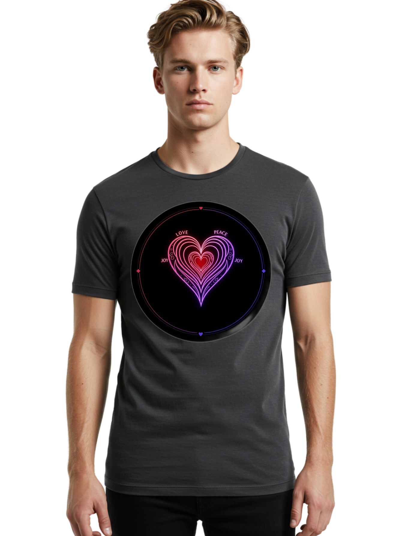 Heart-Of-Love Men'S Graphic Tee, 100% Cotton, Comfortable Casual Summer Wear, Machine Washable, Heart Symbol, Love Peace Joy, Neon Lights, Layered Hearts, Gradient Colors, Circular Design, Emotional Wellness, Positive Vibes, Bae199 27