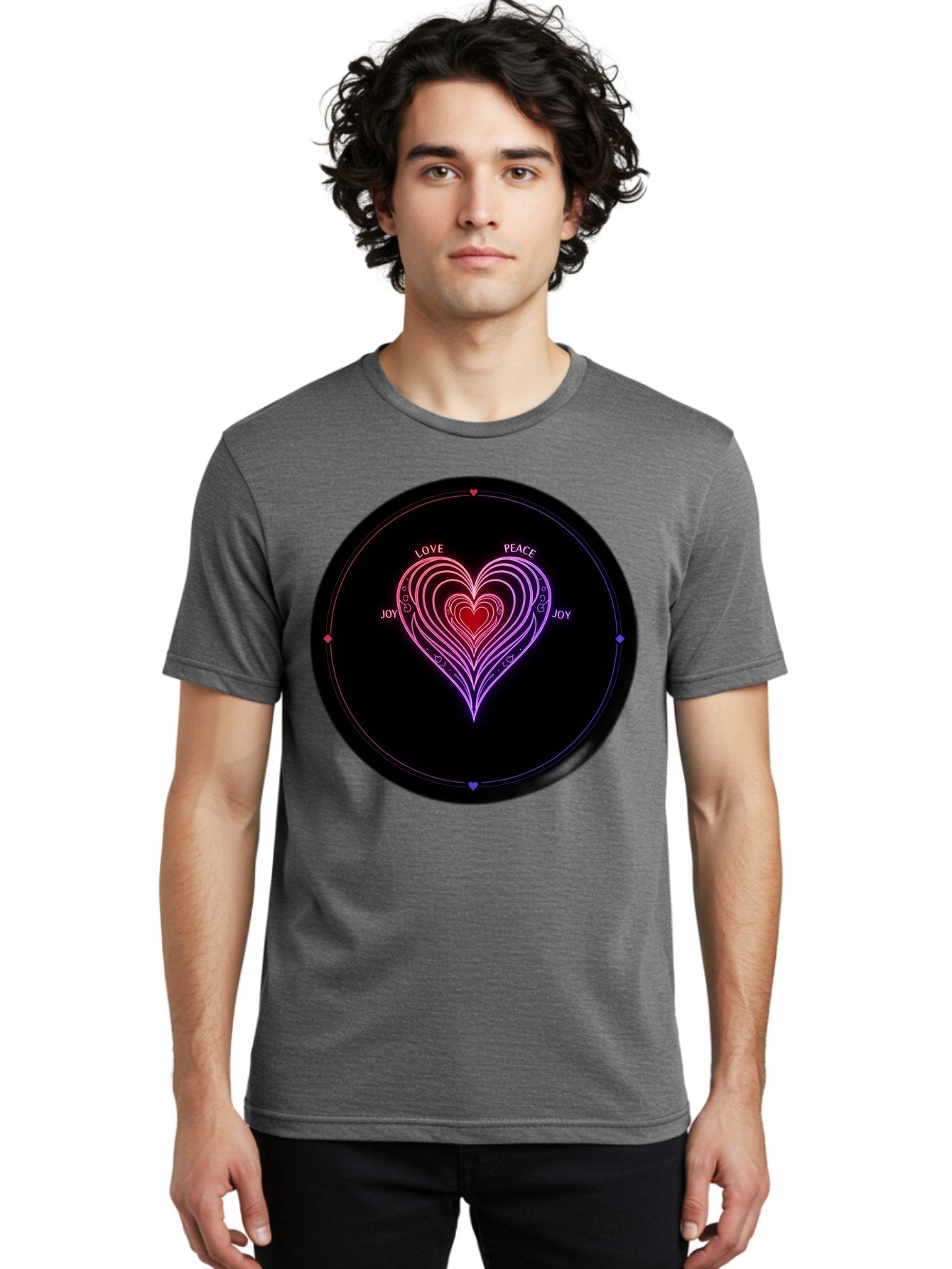 Heart-Of-Love Men'S Graphic Tee, 100% Cotton, Comfortable Casual Summer Wear, Machine Washable, Heart Symbol, Love Peace Joy, Neon Lights, Layered Hearts, Gradient Colors, Circular Design, Emotional Wellness, Positive Vibes, Bae199 28
