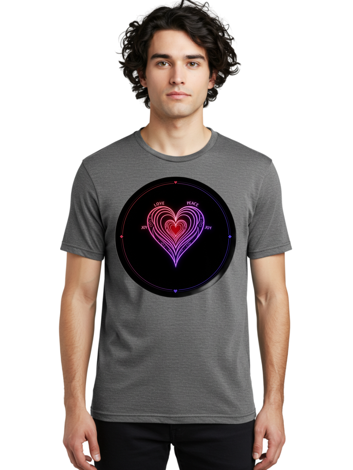 Heart-Of-Love Men'S Graphic Tee, 100% Cotton, Comfortable Casual Summer Wear, Machine Washable, Heart Symbol, Love Peace Joy, Neon Lights, Layered Hearts, Gradient Colors, Circular Design, Emotional Wellness, Positive Vibes, Bae199 18