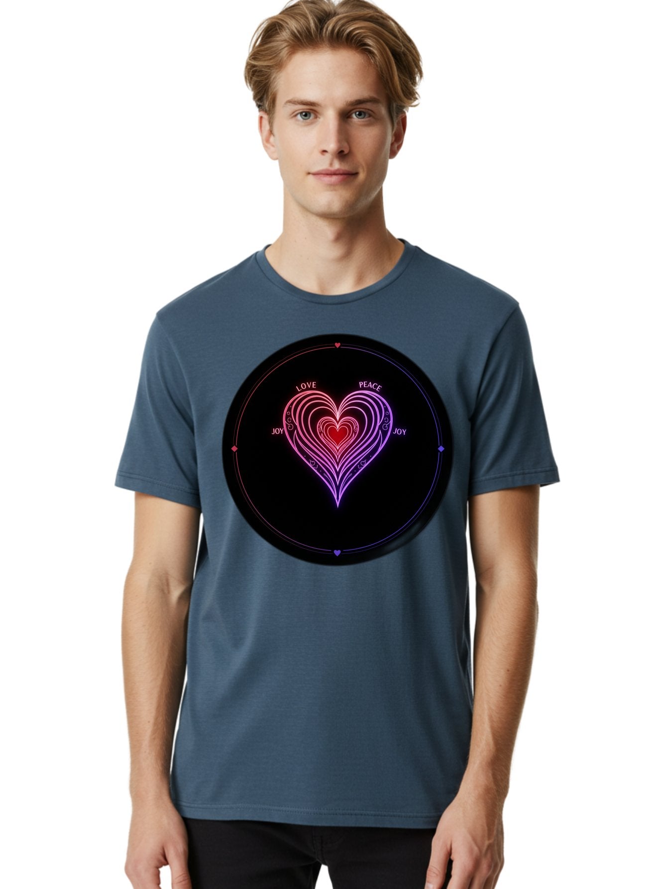 Heart-Of-Love Men'S Graphic Tee, 100% Cotton, Comfortable Casual Summer Wear, Machine Washable, Heart Symbol, Love Peace Joy, Neon Lights, Layered Hearts, Gradient Colors, Circular Design, Emotional Wellness, Positive Vibes, Bae199 19