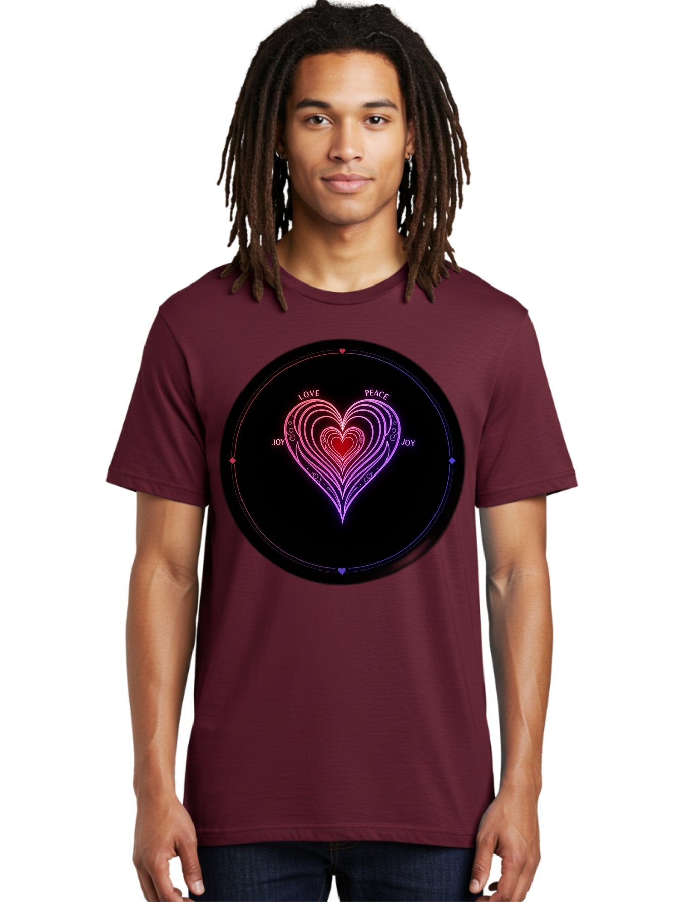 Heart-Of-Love Men'S Graphic Tee, 100% Cotton, Comfortable Casual Summer Wear, Machine Washable, Heart Symbol, Love Peace Joy, Neon Lights, Layered Hearts, Gradient Colors, Circular Design, Emotional Wellness, Positive Vibes, Bae199 21