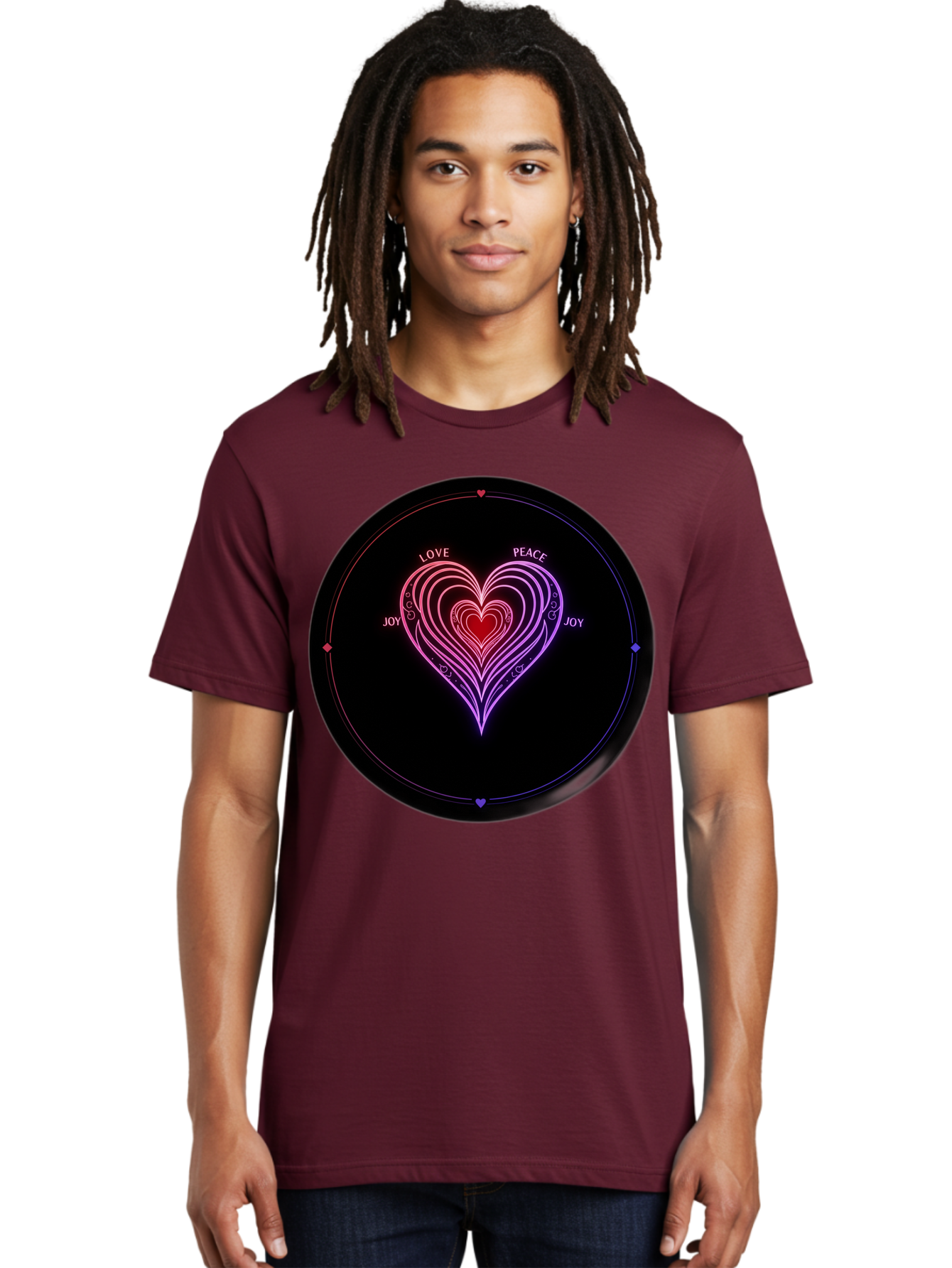 Heart-Of-Love Men'S Graphic Tee, 100% Cotton, Comfortable Casual Summer Wear, Machine Washable, Heart Symbol, Love Peace Joy, Neon Lights, Layered Hearts, Gradient Colors, Circular Design, Emotional Wellness, Positive Vibes, Bae199 25