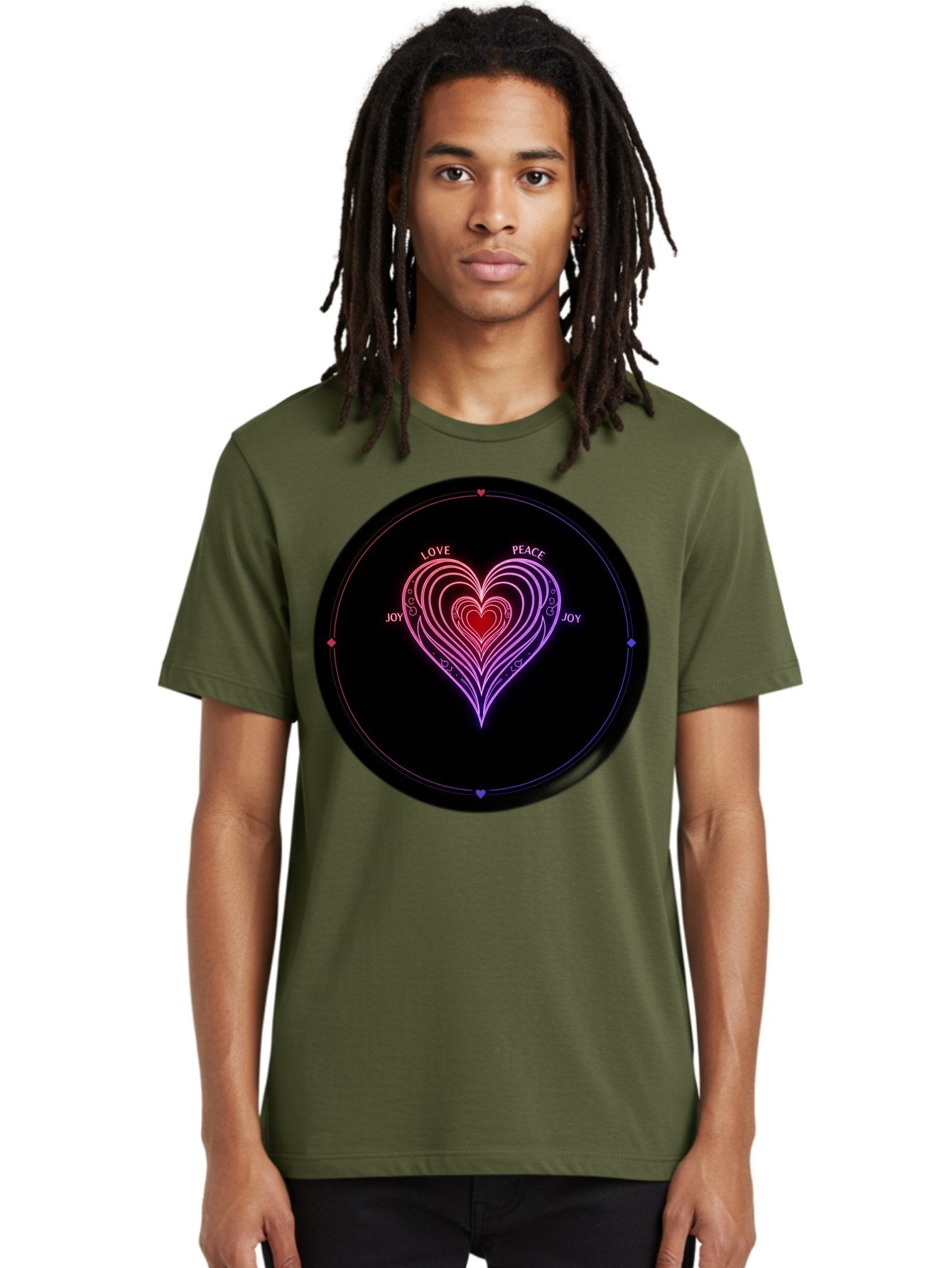 Heart-Of-Love Men'S Graphic Tee, 100% Cotton, Comfortable Casual Summer Wear, Machine Washable, Heart Symbol, Love Peace Joy, Neon Lights, Layered Hearts, Gradient Colors, Circular Design, Emotional Wellness, Positive Vibes, Bae199 29
