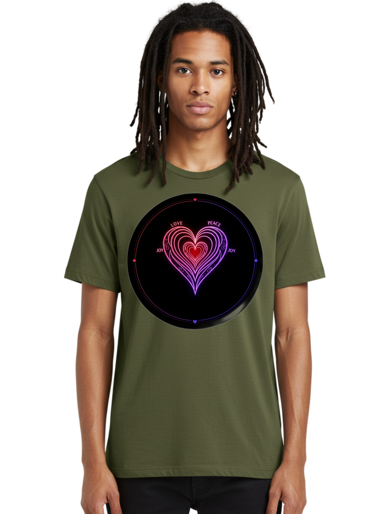 Heart-Of-Love Men'S Graphic Tee, 100% Cotton, Comfortable Casual Summer Wear, Machine Washable, Heart Symbol, Love Peace Joy, Neon Lights, Layered Hearts, Gradient Colors, Circular Design, Emotional Wellness, Positive Vibes, Bae199 17