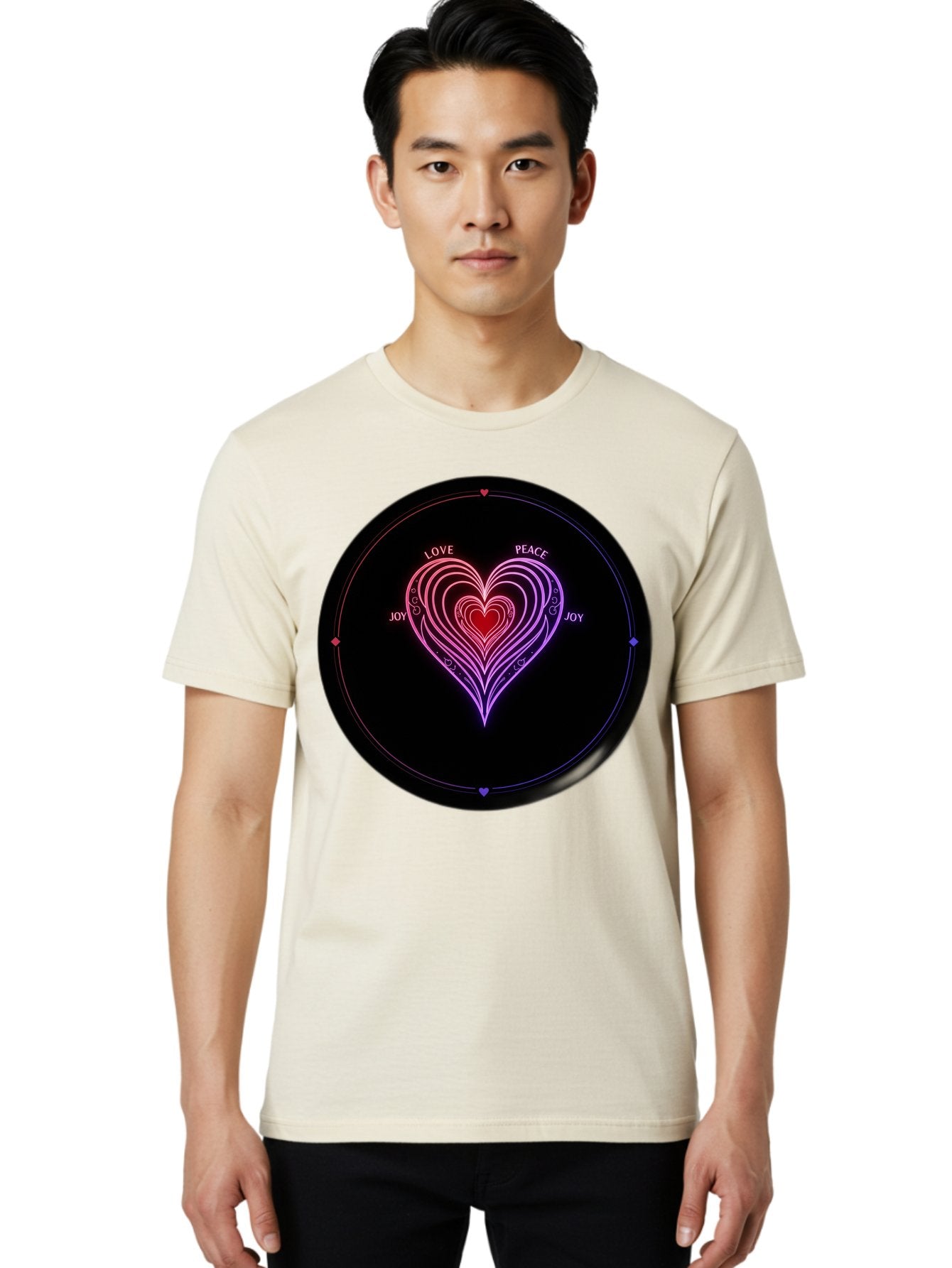 Heart-Of-Love Men'S Graphic Tee, 100% Cotton, Comfortable Casual Summer Wear, Machine Washable, Heart Symbol, Love Peace Joy, Neon Lights, Layered Hearts, Gradient Colors, Circular Design, Emotional Wellness, Positive Vibes, Bae199 17
