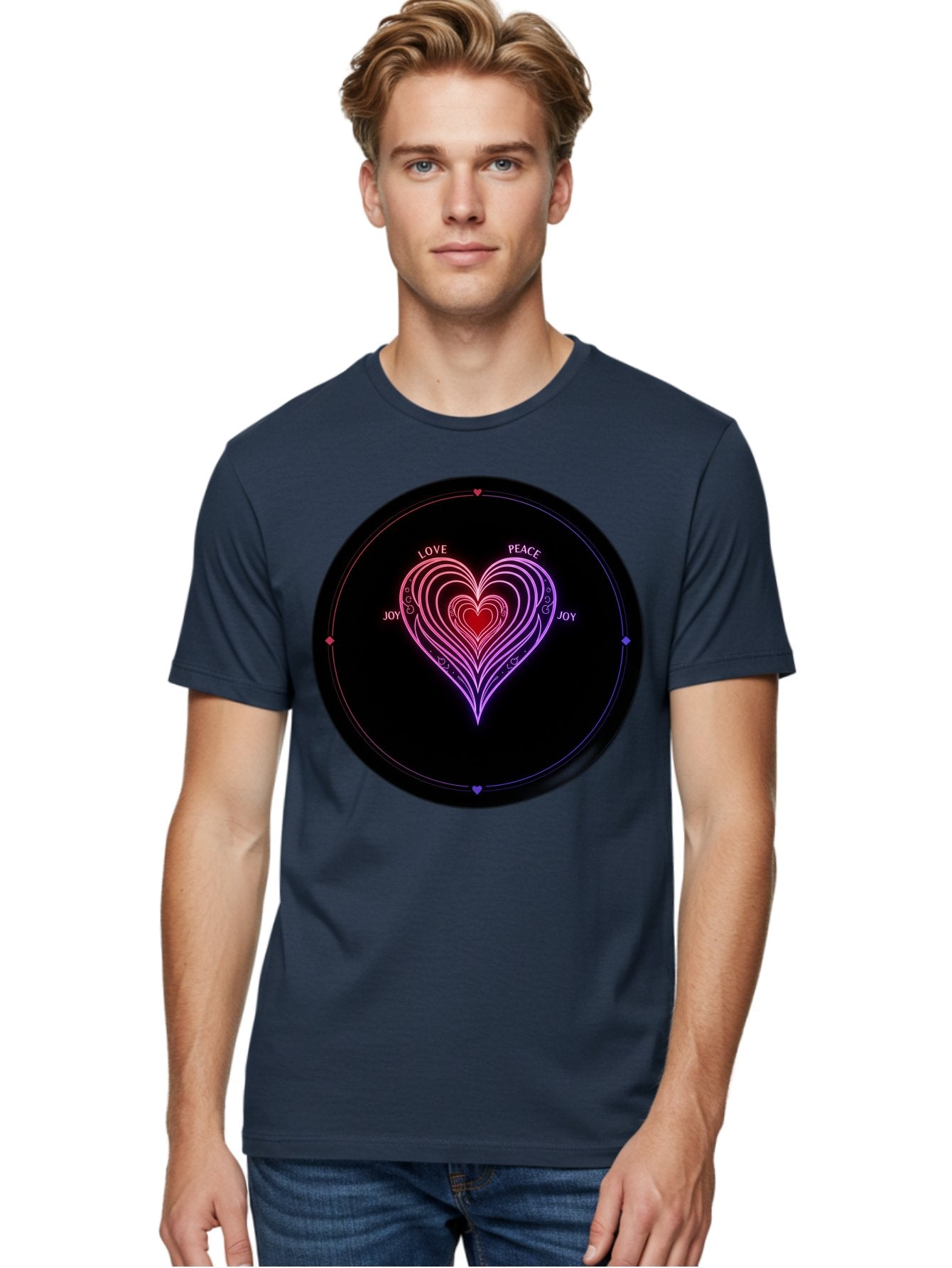 Heart-Of-Love Men'S Graphic Tee, 100% Cotton, Comfortable Casual Summer Wear, Machine Washable, Heart Symbol, Love Peace Joy, Neon Lights, Layered Hearts, Gradient Colors, Circular Design, Emotional Wellness, Positive Vibes, Bae199 25