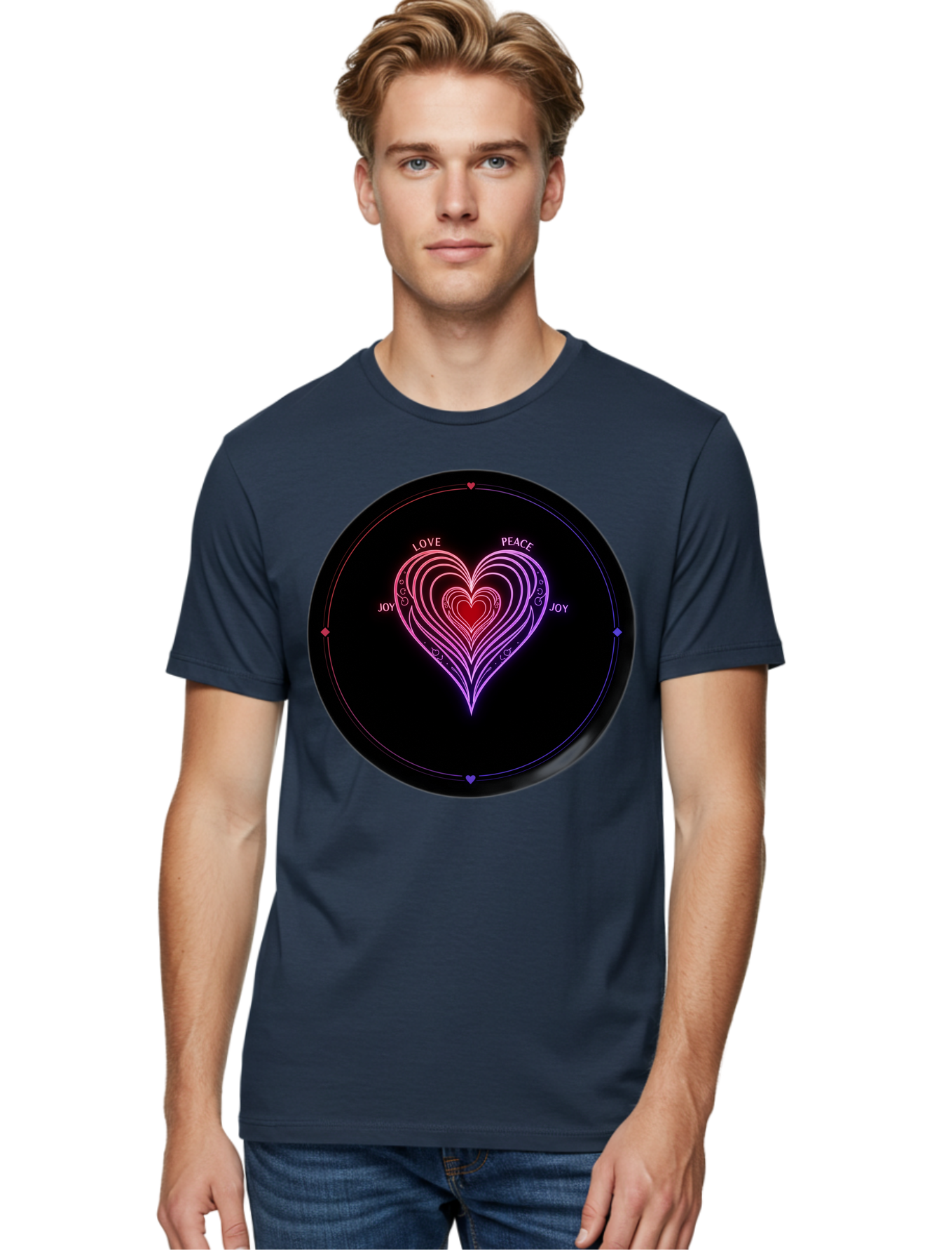 Heart-Of-Love Men'S Graphic Tee, 100% Cotton, Comfortable Casual Summer Wear, Machine Washable, Heart Symbol, Love Peace Joy, Neon Lights, Layered Hearts, Gradient Colors, Circular Design, Emotional Wellness, Positive Vibes, Bae199 21