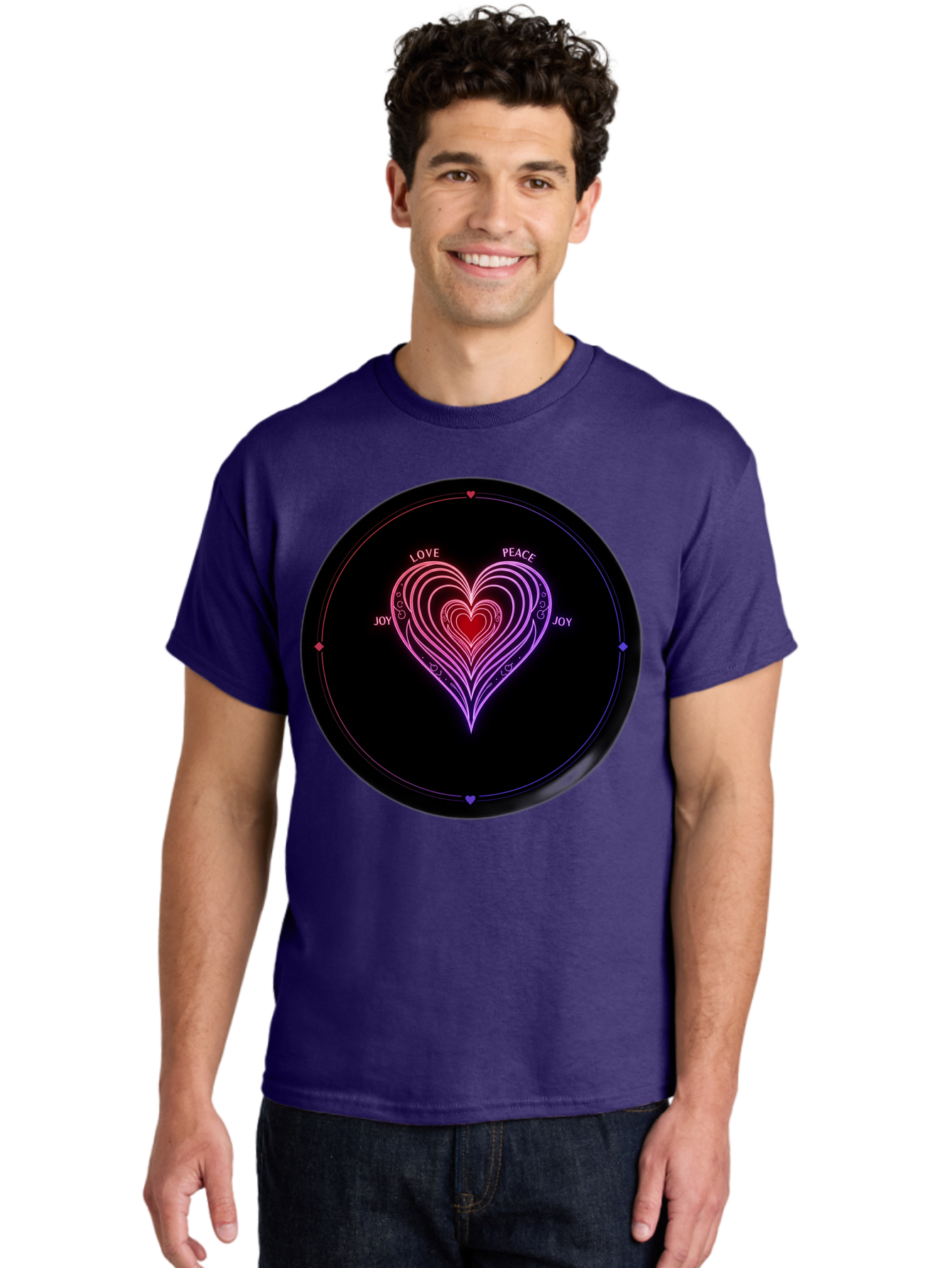 Heart-Of-Love Men'S Graphic Tee, 100% Cotton, Comfortable Casual Summer Wear, Machine Washable, Heart Symbol, Love Peace Joy, Neon Lights, Layered Hearts, Gradient Colors, Circular Design, Emotional Wellness, Positive Vibes, Bae199 22