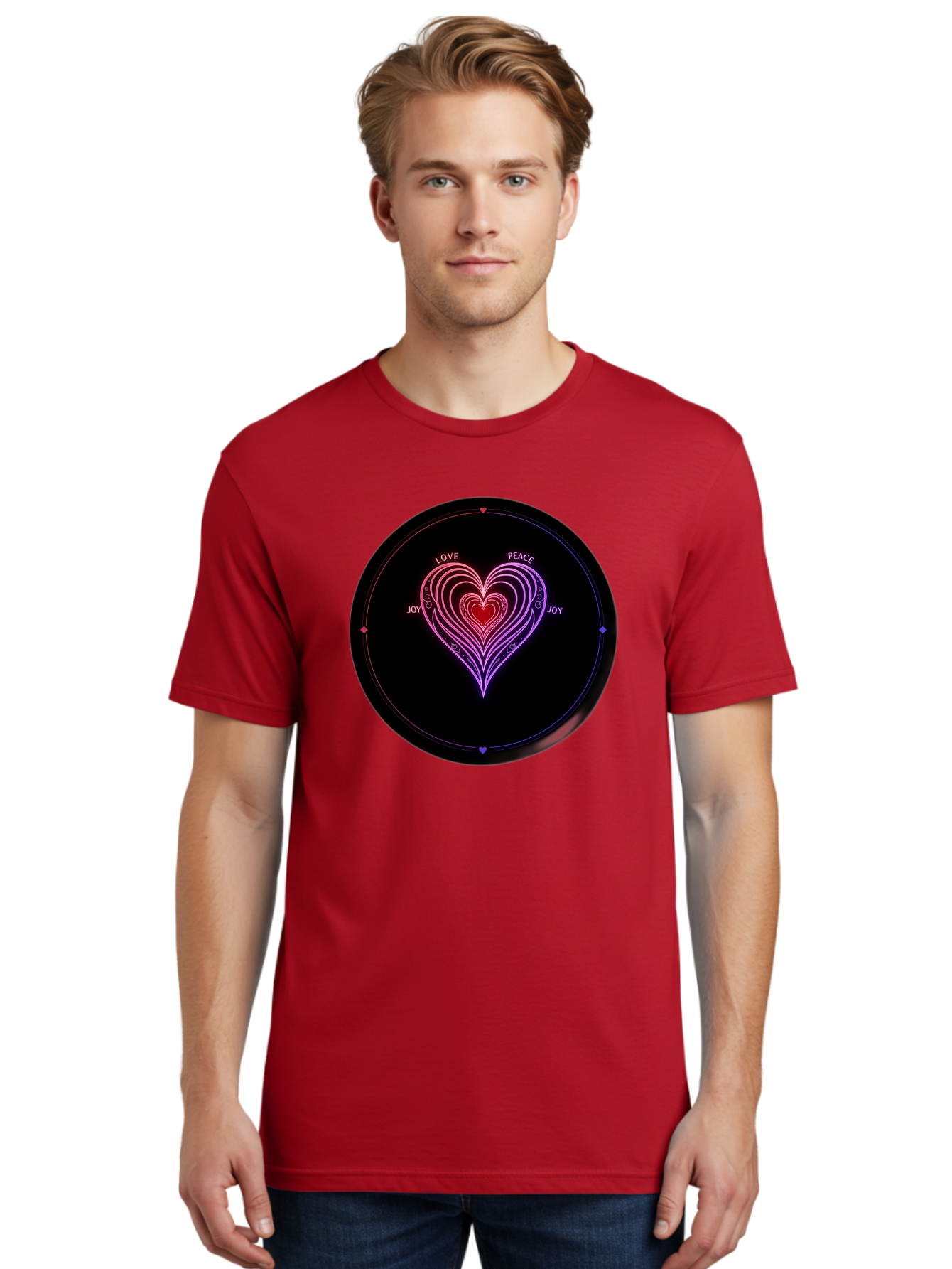 Heart-Of-Love Men'S Graphic Tee, 100% Cotton, Comfortable Casual Summer Wear, Machine Washable, Heart Symbol, Love Peace Joy, Neon Lights, Layered Hearts, Gradient Colors, Circular Design, Emotional Wellness, Positive Vibes, Bae199 20