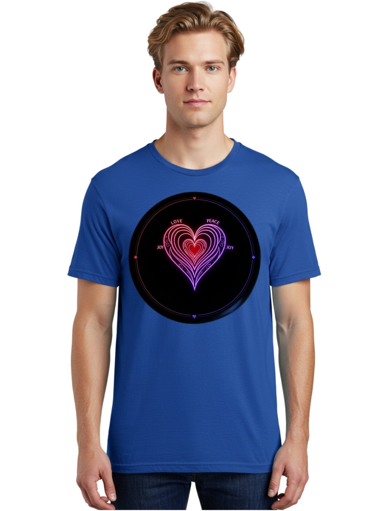 Heart-Of-Love Men'S Graphic Tee, 100% Cotton, Comfortable Casual Summer Wear, Machine Washable, Heart Symbol, Love Peace Joy, Neon Lights, Layered Hearts, Gradient Colors, Circular Design, Emotional Wellness, Positive Vibes, Bae199 23