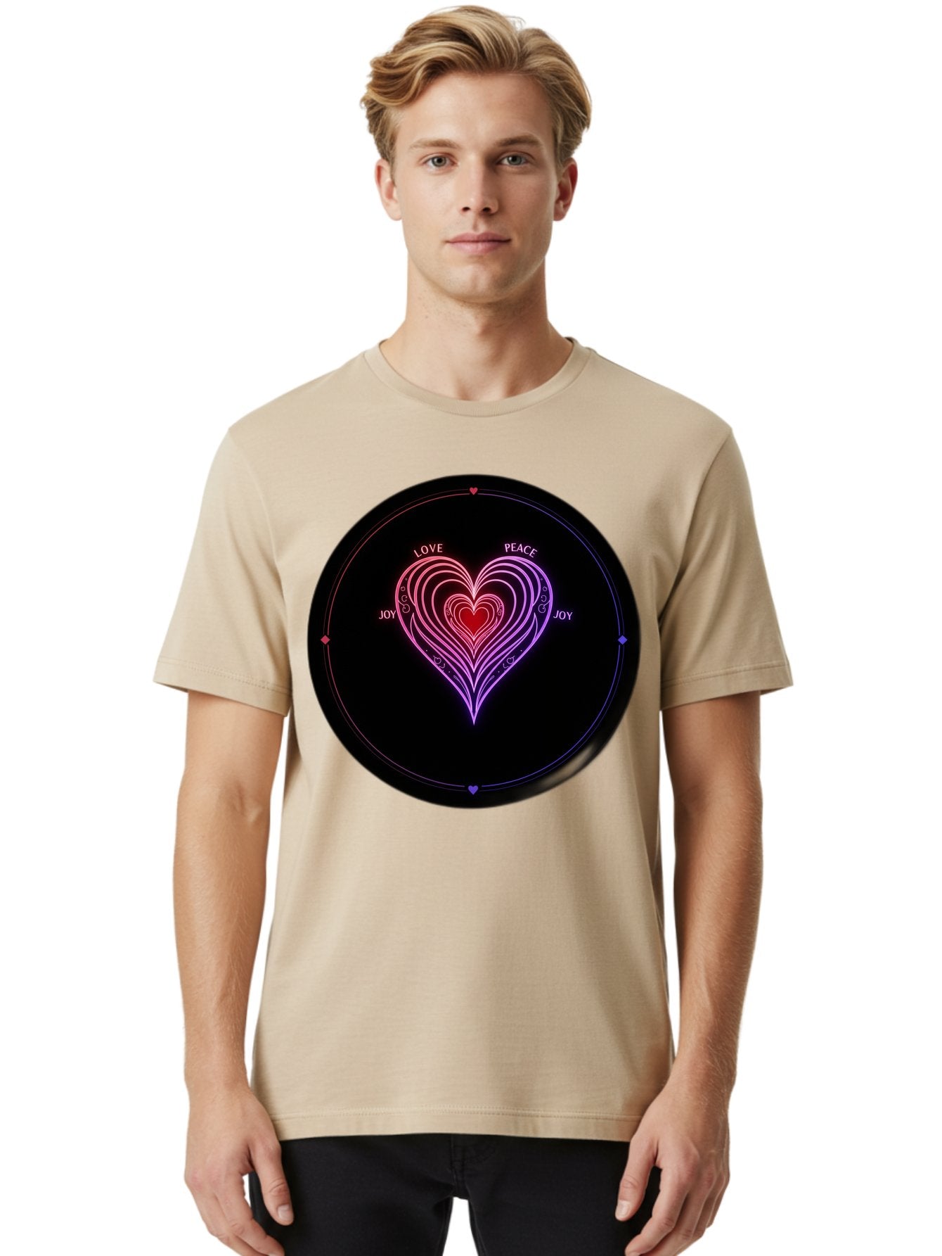 Heart-Of-Love Men'S Graphic Tee, 100% Cotton, Comfortable Casual Summer Wear, Machine Washable, Heart Symbol, Love Peace Joy, Neon Lights, Layered Hearts, Gradient Colors, Circular Design, Emotional Wellness, Positive Vibes, Bae199 30
