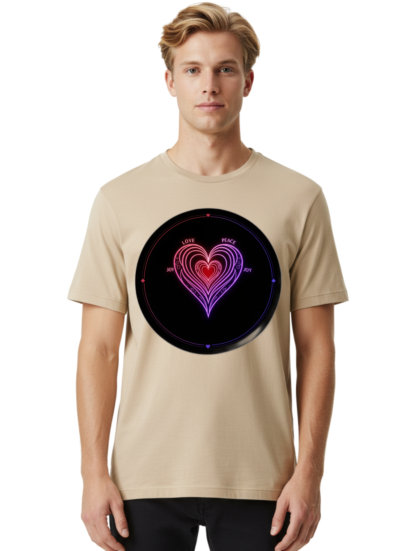Heart-Of-Love Men'S Graphic Tee, 100% Cotton, Comfortable Casual Summer Wear, Machine Washable, Heart Symbol, Love Peace Joy, Neon Lights, Layered Hearts, Gradient Colors, Circular Design, Emotional Wellness, Positive Vibes, Bae199 16