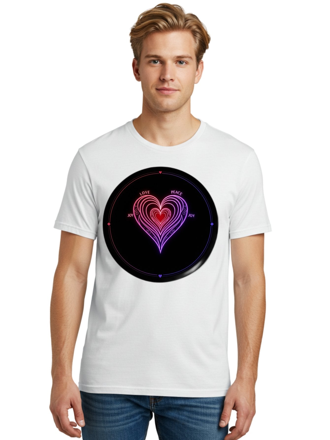 Heart-Of-Love Men'S Graphic Tee, 100% Cotton, Comfortable Casual Summer Wear, Machine Washable, Heart Symbol, Love Peace Joy, Neon Lights, Layered Hearts, Gradient Colors, Circular Design, Emotional Wellness, Positive Vibes, Bae199 22