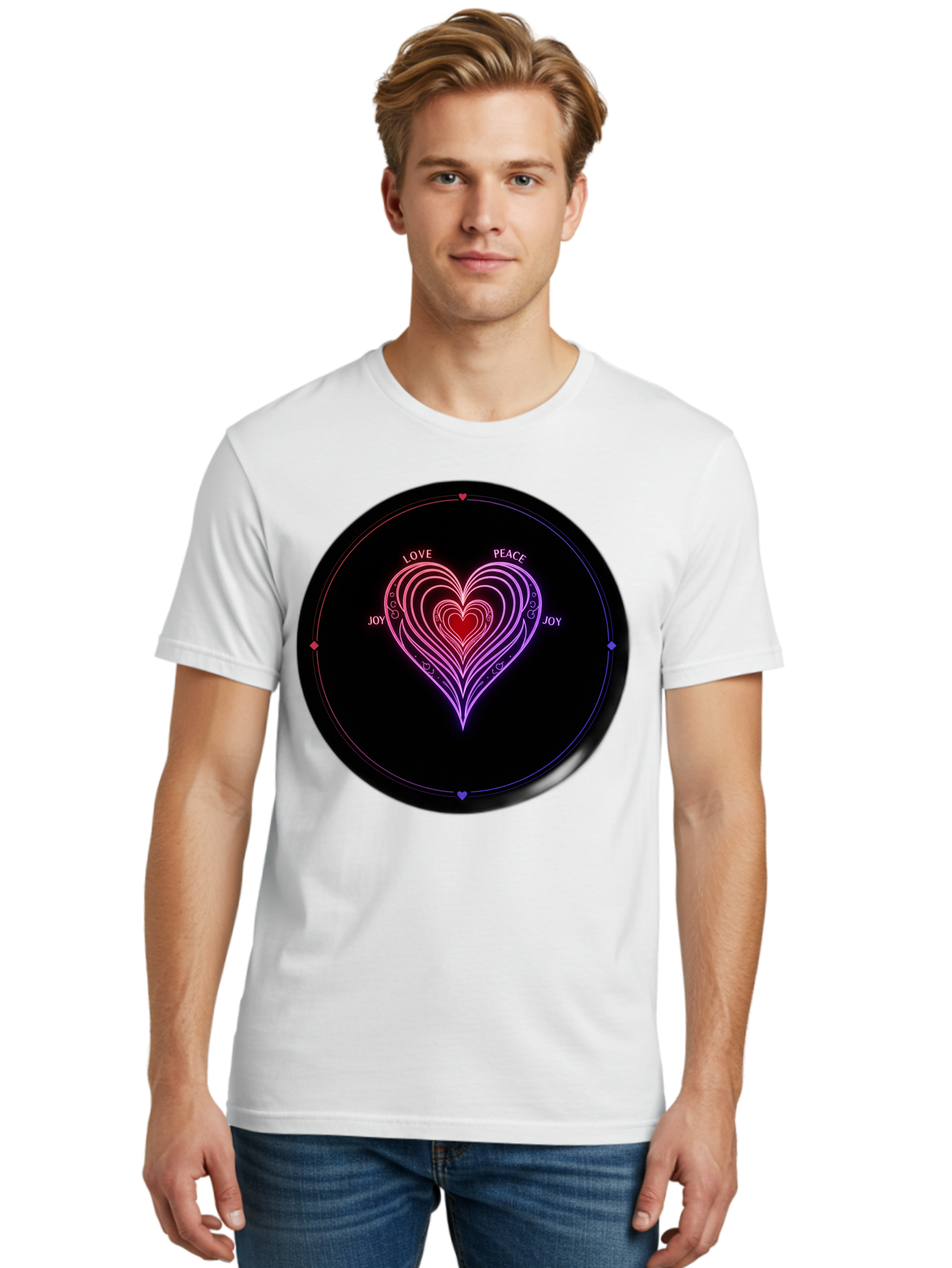 Heart-Of-Love Men'S Graphic Tee, 100% Cotton, Comfortable Casual Summer Wear, Machine Washable, Heart Symbol, Love Peace Joy, Neon Lights, Layered Hearts, Gradient Colors, Circular Design, Emotional Wellness, Positive Vibes, Bae199 24