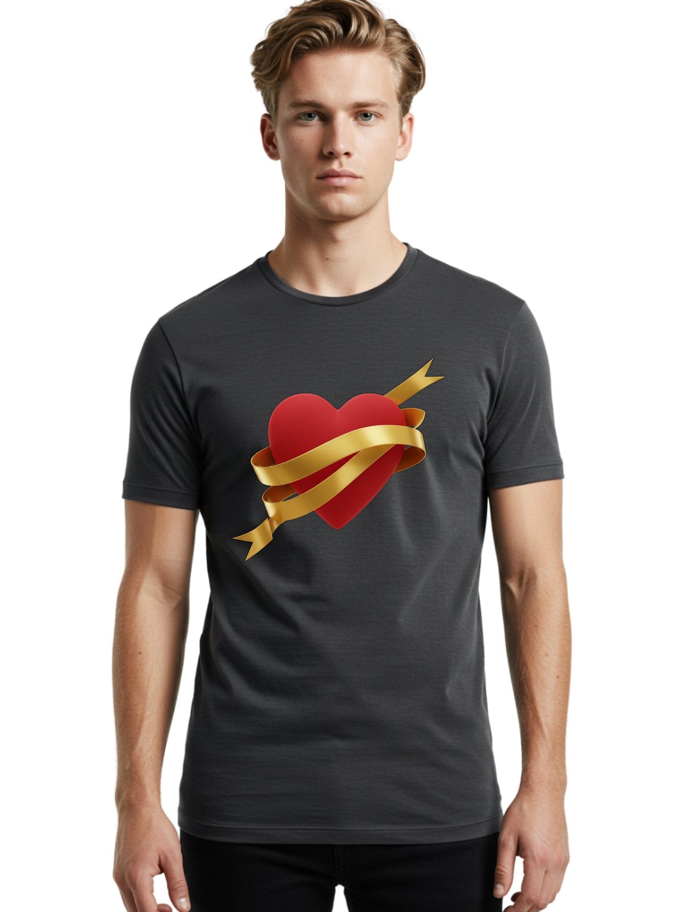 Heart-With-Ribbon-And-Arrow Men'S Graphic Tee, 100% Cotton, Comfortable Casual Summer Wear, Machine Washable, Red Heart, Gold Ribbon, Arrow Through Heart, Love Symbol, Valentines Day, Symbol Of Love, Heart With Ribbon Bae200 25