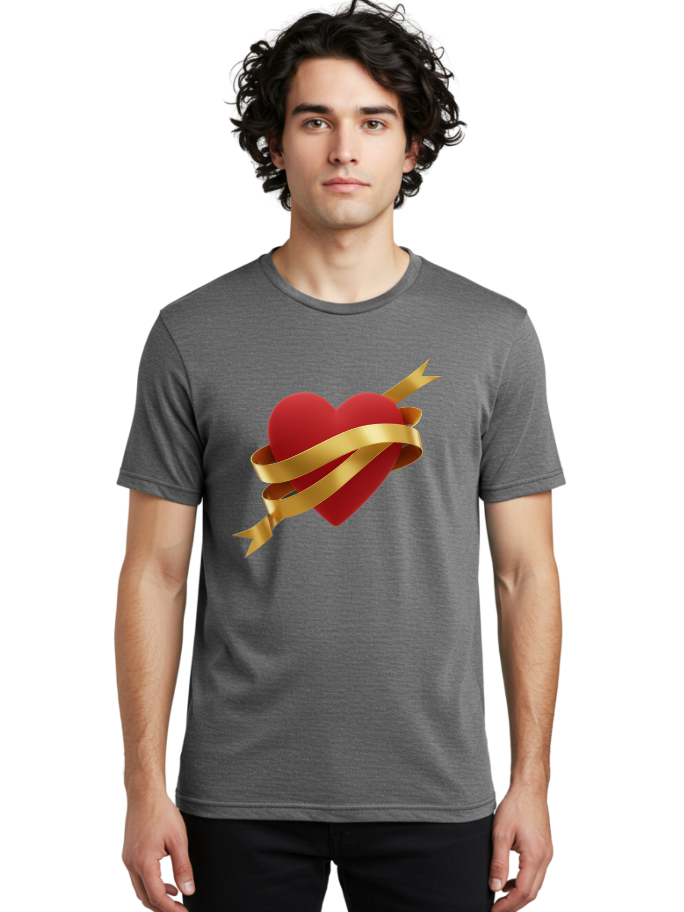 Heart-With-Ribbon-And-Arrow Men'S Graphic Tee, 100% Cotton, Comfortable Casual Summer Wear, Machine Washable, Red Heart, Gold Ribbon, Arrow Through Heart, Love Symbol, Valentines Day, Symbol Of Love, Heart With Ribbon Bae200 19