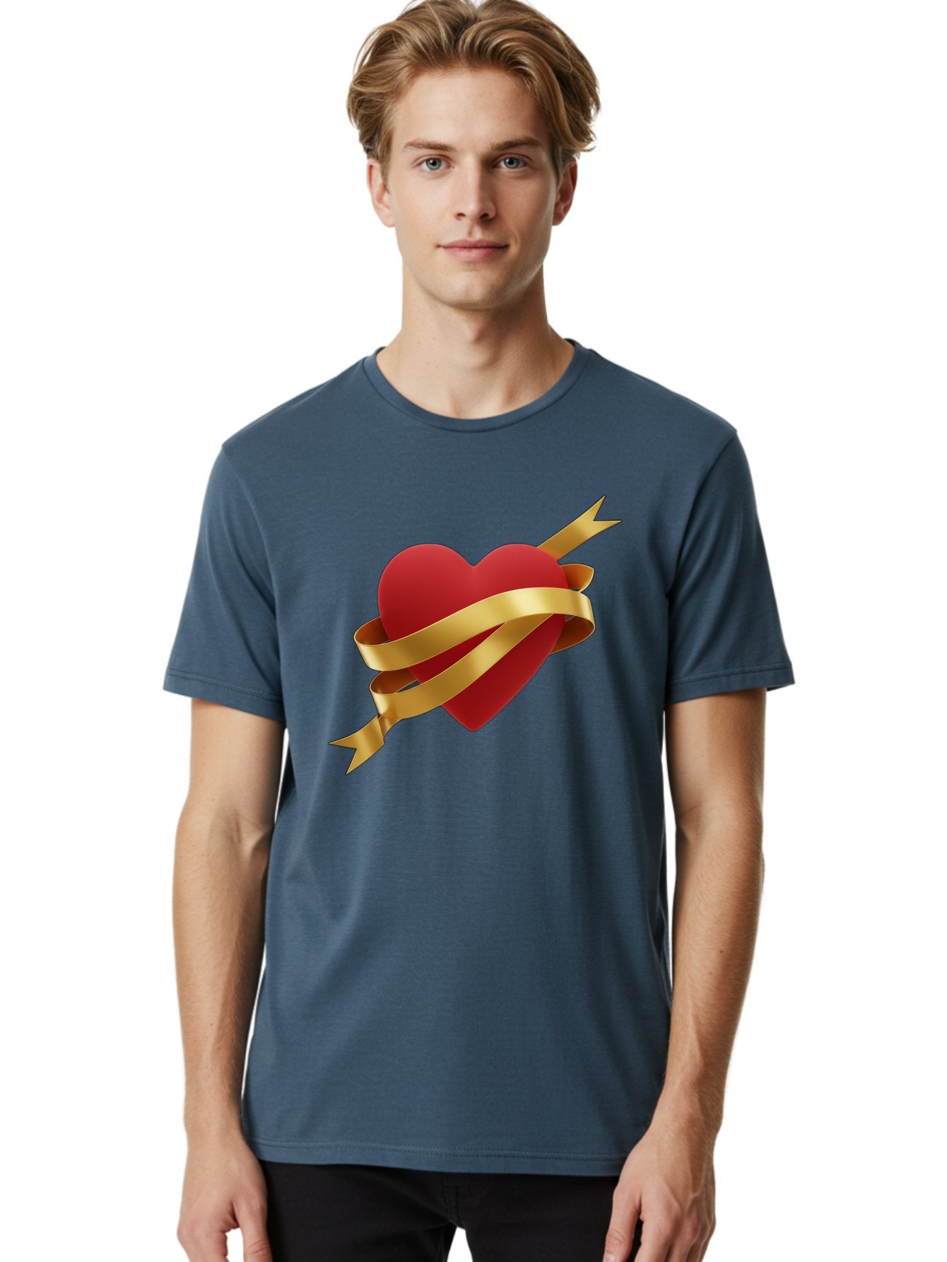 Heart-With-Ribbon-And-Arrow Men'S Graphic Tee, 100% Cotton, Comfortable Casual Summer Wear, Machine Washable, Red Heart, Gold Ribbon, Arrow Through Heart, Love Symbol, Valentines Day, Symbol Of Love, Heart With Ribbon Bae200 26