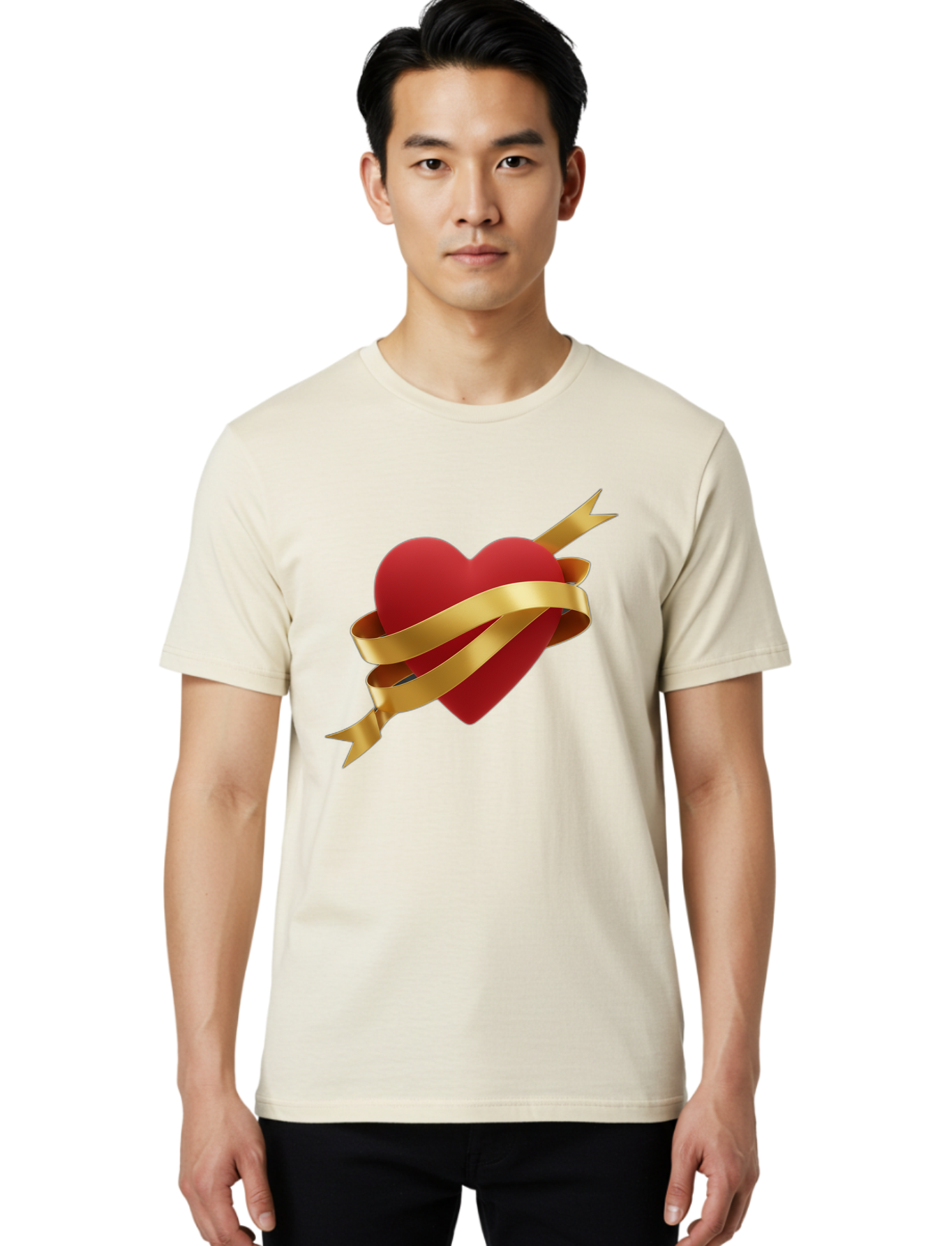 Heart-With-Ribbon-And-Arrow Men'S Graphic Tee, 100% Cotton, Comfortable Casual Summer Wear, Machine Washable, Red Heart, Gold Ribbon, Arrow Through Heart, Love Symbol, Valentines Day, Symbol Of Love, Heart With Ribbon Bae200 16