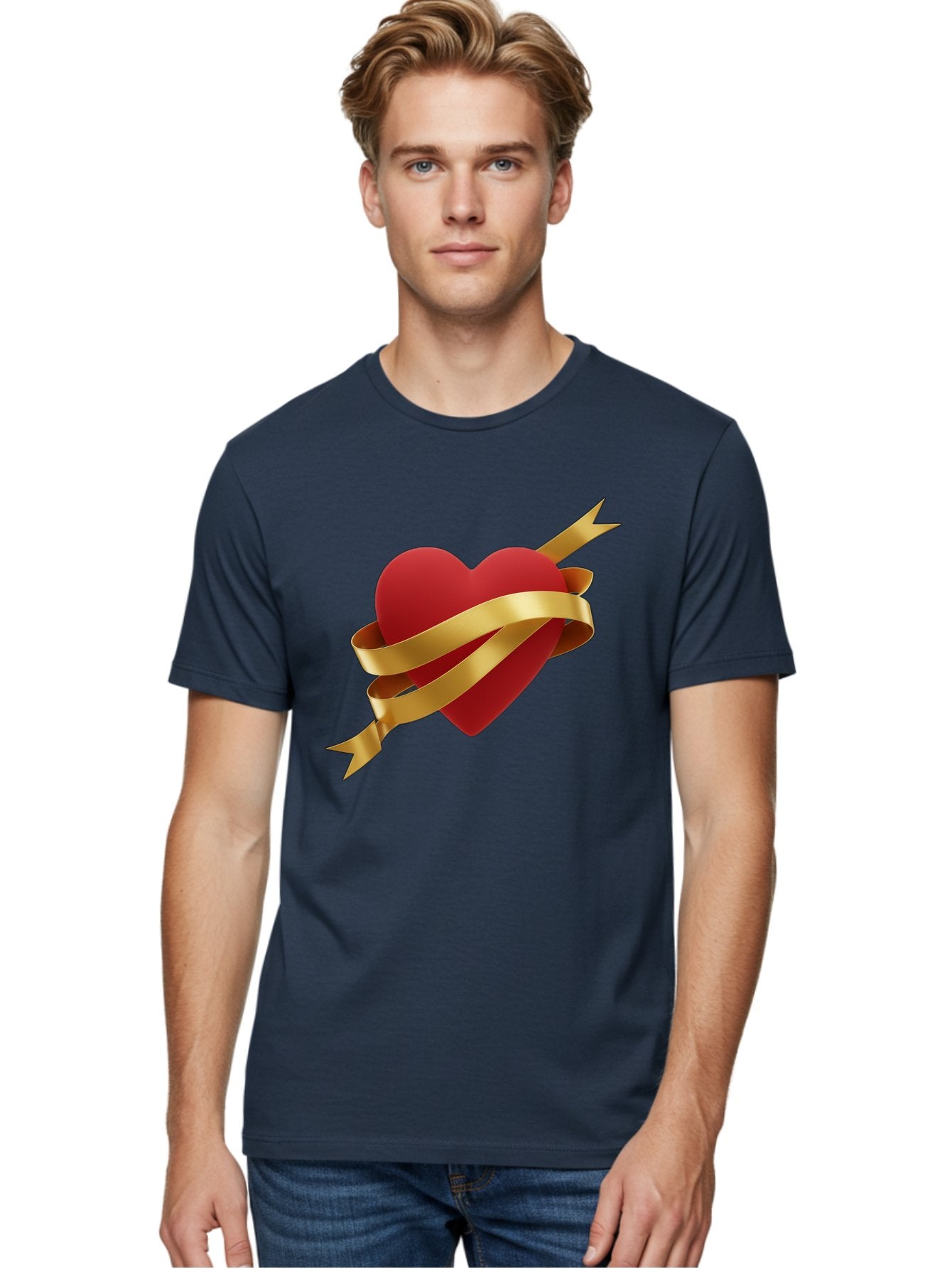 Heart-With-Ribbon-And-Arrow Men'S Graphic Tee, 100% Cotton, Comfortable Casual Summer Wear, Machine Washable, Red Heart, Gold Ribbon, Arrow Through Heart, Love Symbol, Valentines Day, Symbol Of Love, Heart With Ribbon Bae200 18
